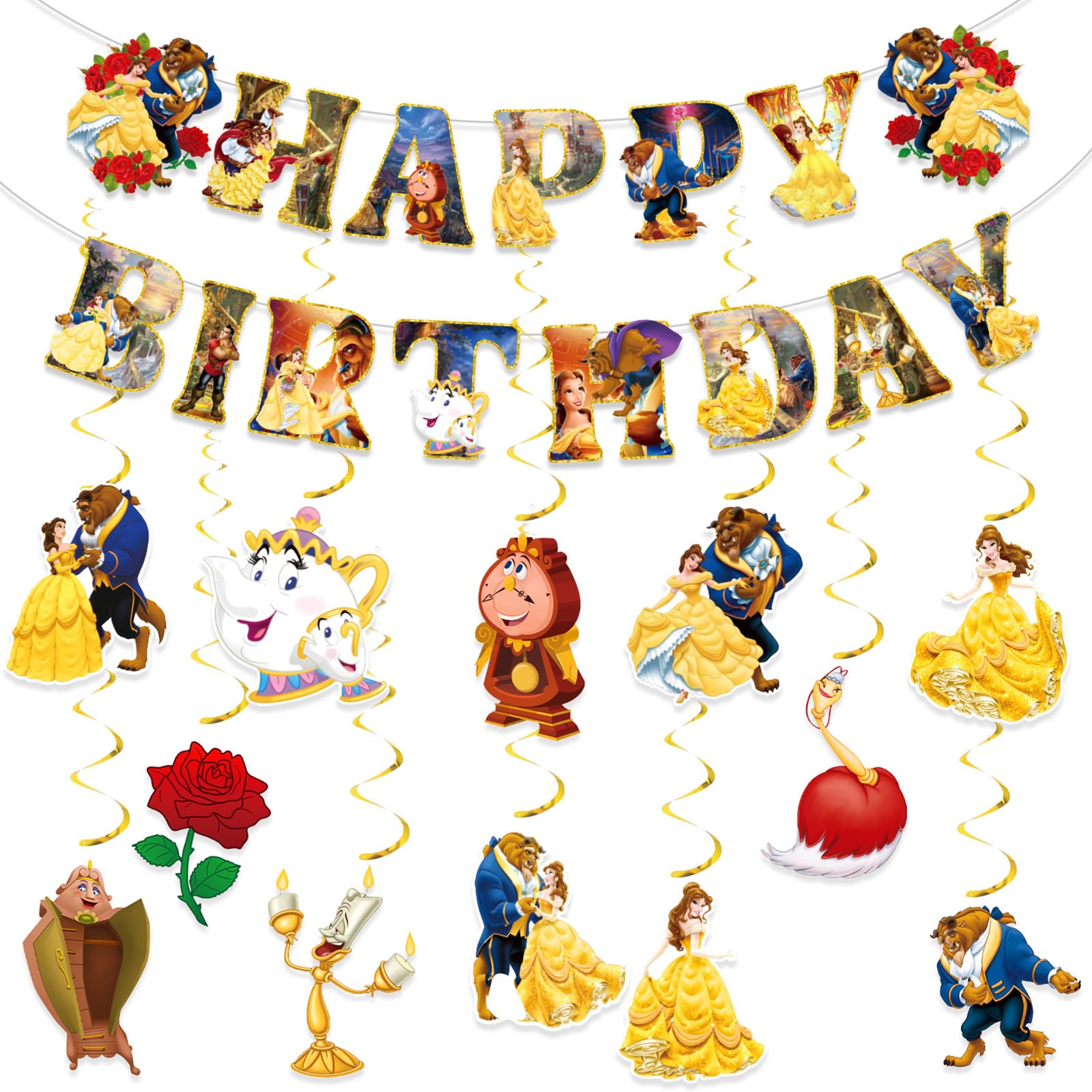 Princess Belle Birthday Party Decorations Set - Beauty and the Beast Themed Happy Birthday Banner with Hanging Swirls for Kids, Boys & Girls - Perfect for Disney Princess Themed Parties, Baby Showers & Birthday Celebrations