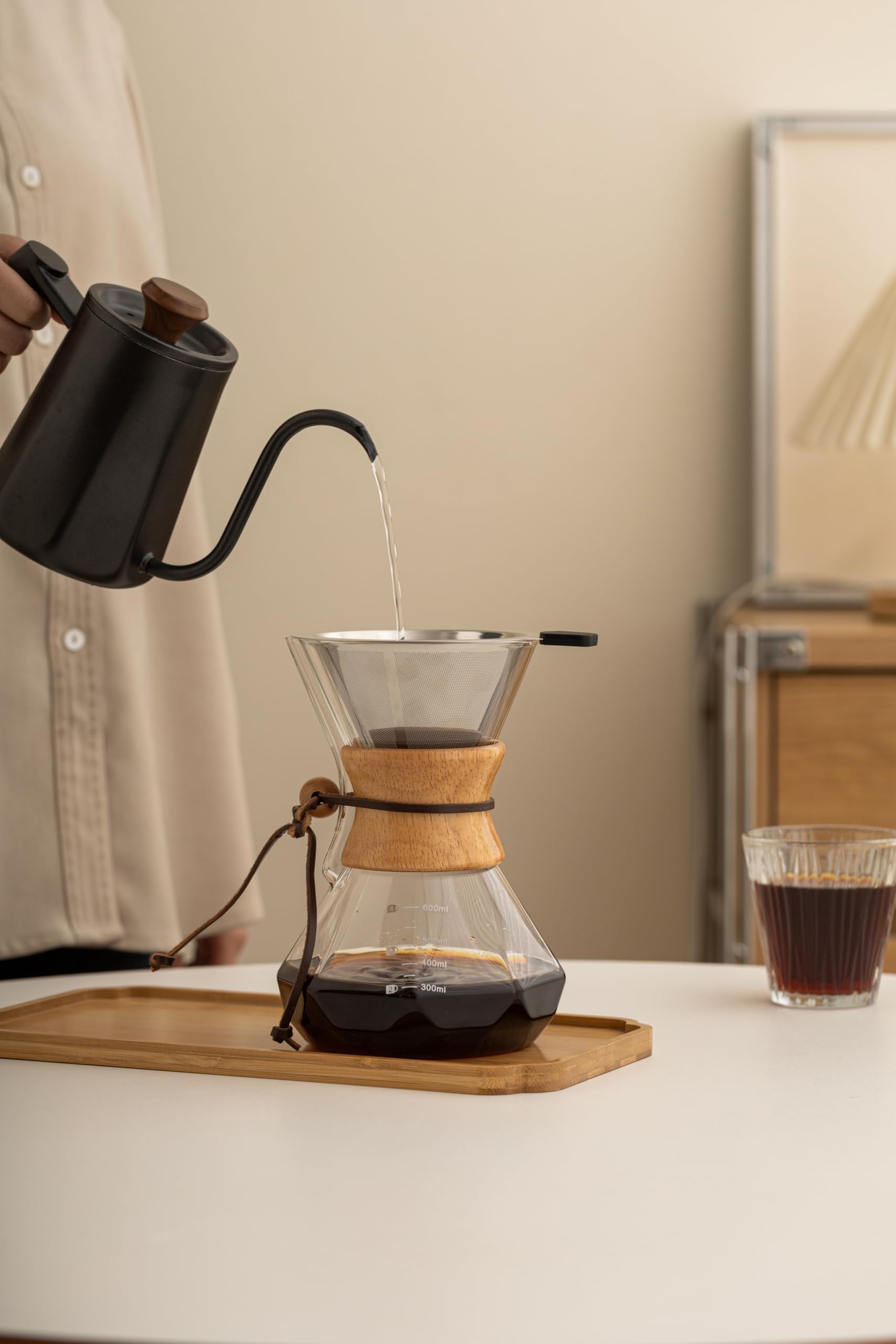 Premium Pour Over Coffee Maker with Wood Sleeve & Cork Stopper - 20oz/600ml Glass Dripper for Specialty Coffee Brewing - Perfect for Home, Office & Camping Use