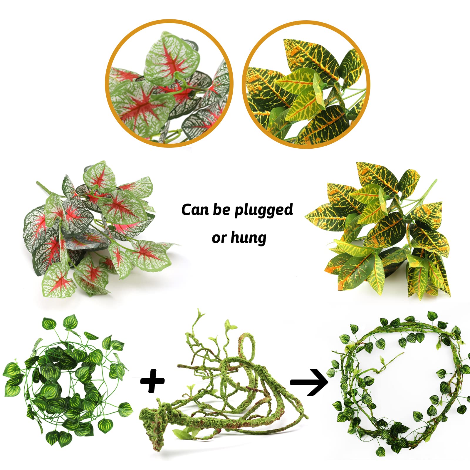 Artificial Reptile Plants & Terrarium Hanging Vines - Realistic Fake Leaves for Leopard Gecko, Bearded Dragon, Snake & Chameleon Habitats - Durable Terrarium Decorations & Hide Accessories - Perfect for Jungle-Themed Vivariums & Reptile Tank Setups