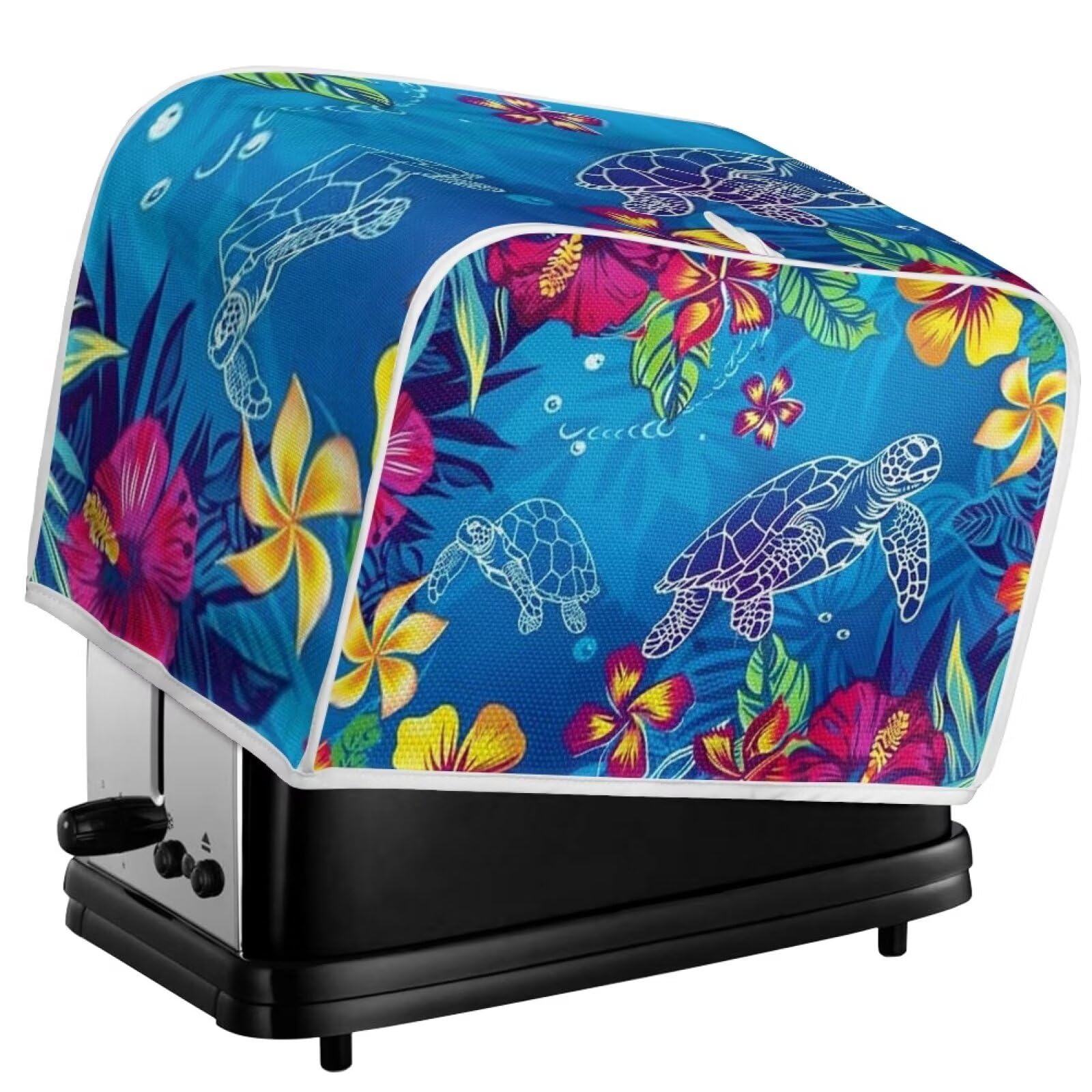 Sea Turtle Bread Toaster Cover 2 Slice - Dustproof & Anti-Fingerprint Toaster Oven Cover - Decorative Kitchen Appliance Protector - Blue Plumeria Design - Perfect for Home, Office, and Dorm Use