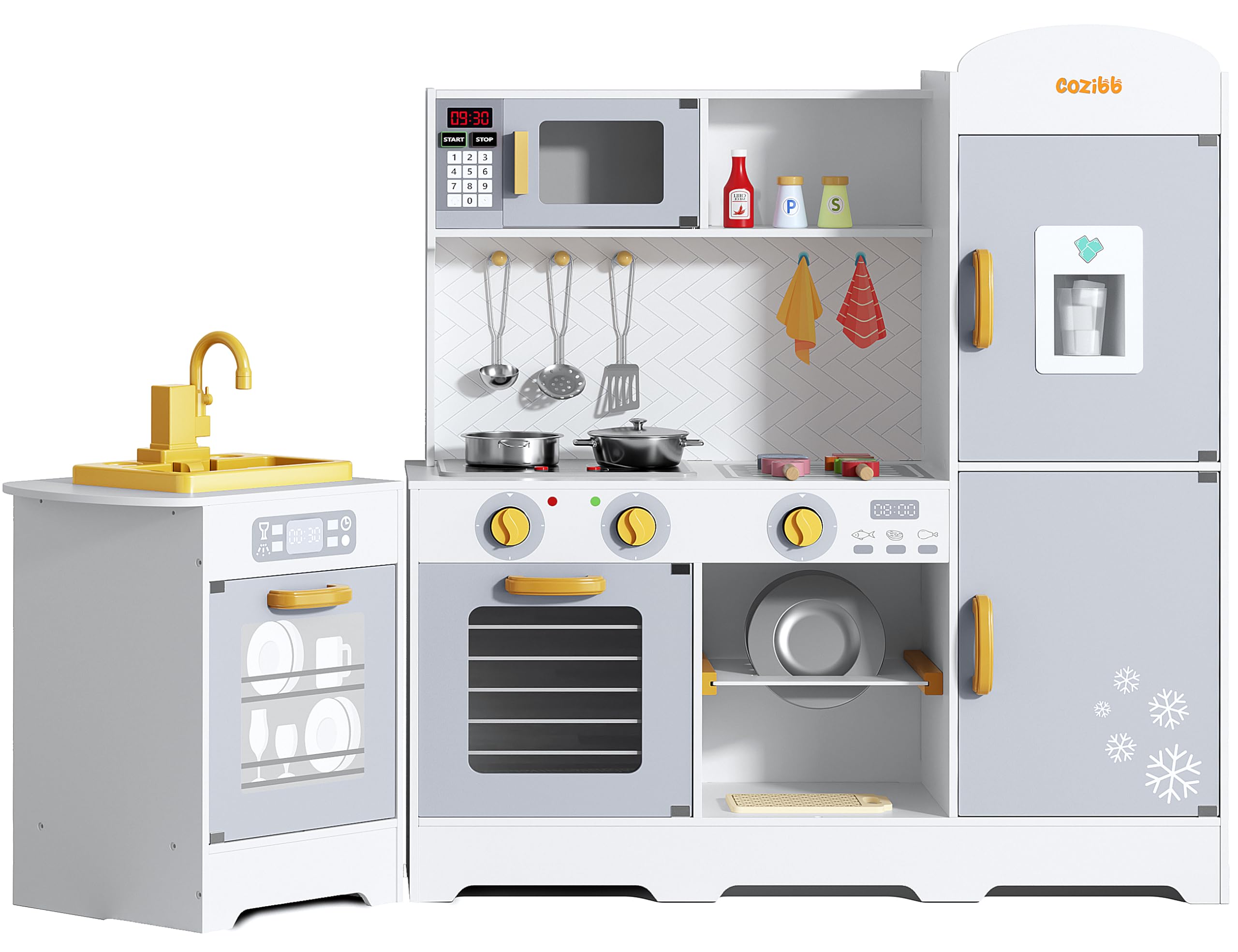**Wooden Play Kitchen for Kids - Toy Kitchen Set with 21 Accessories, Oven, Microwave, Ice Maker & BBQ | Lights & Sounds | Storage System | Gift for Toddlers Ages 3+ | Pretend Play, Birthday & Christmas Gift Idea**