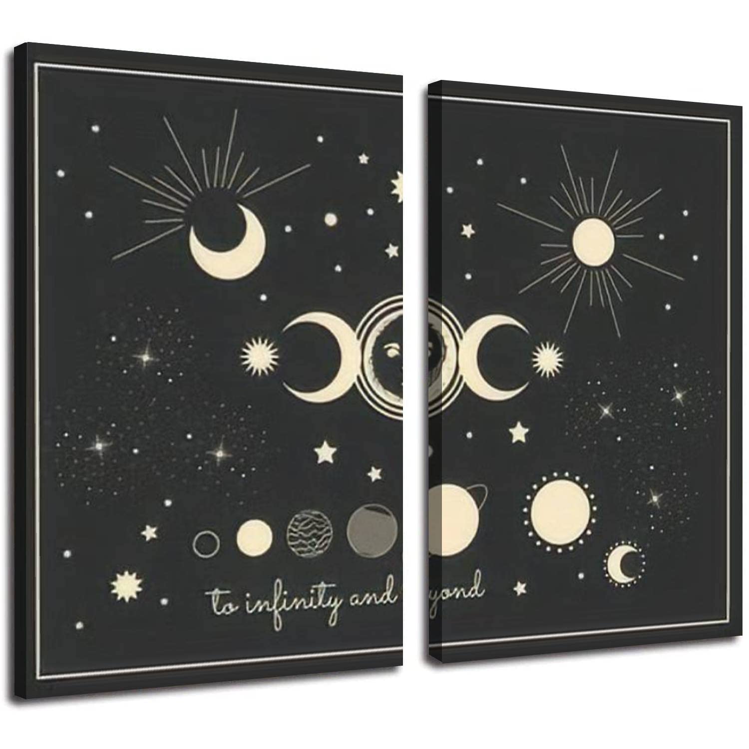 POTAETWL 2 Panel Modern Canvas Wall Art - Vintage Engraving Style Moon Phases with Planets & Sun, 24x36 Inch Home Decor for Bedroom, Living Room | Perfect for Boho, Gothic & Celestial Themed Spaces