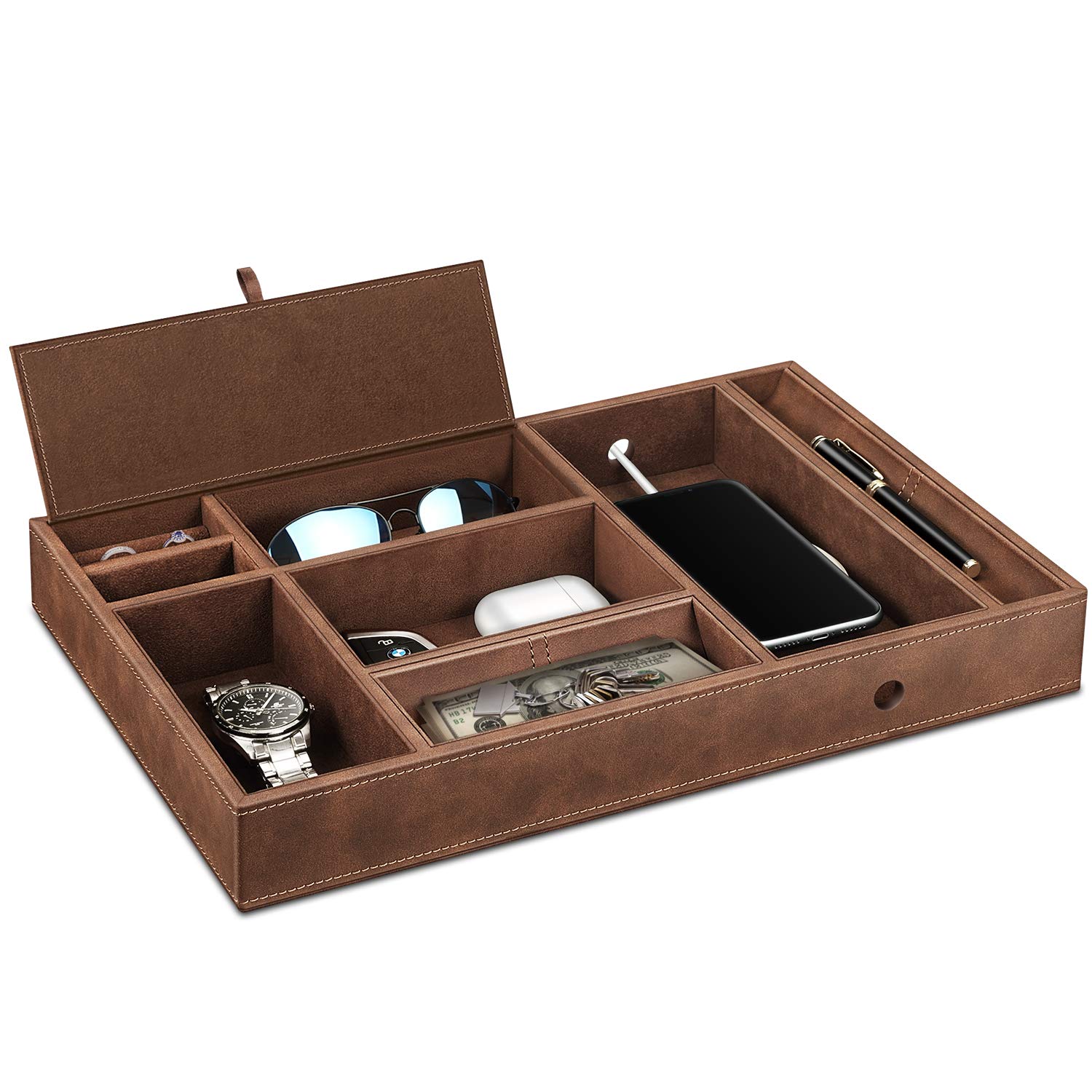 SITHON Valet Tray - 8 Compartment PU Leather Desktop Organizer for Keys, Jewelry, Coins & EDC | Nightstand Catchall Tray for Bedroom, Vanity & Office | Brown Storage Box for Home & Travel Accessories