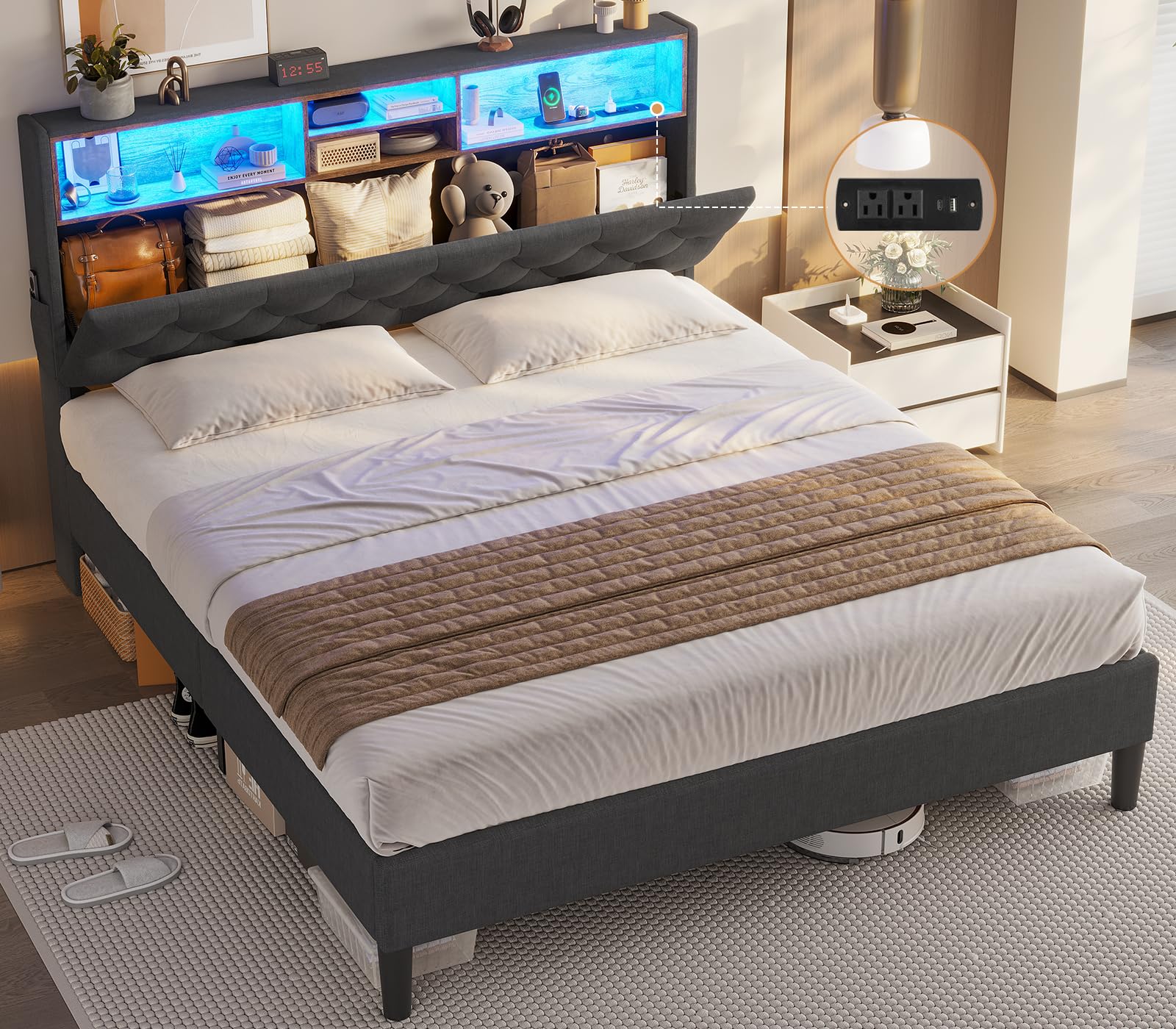 Tiptiper LED Queen Size Bed Frame with USB Charging Station & Storage Headboard - Dark Grey Tufted Upholstered Platform Bed for Modern Bedroom | Perfect for Small Spaces & Tech Lovers