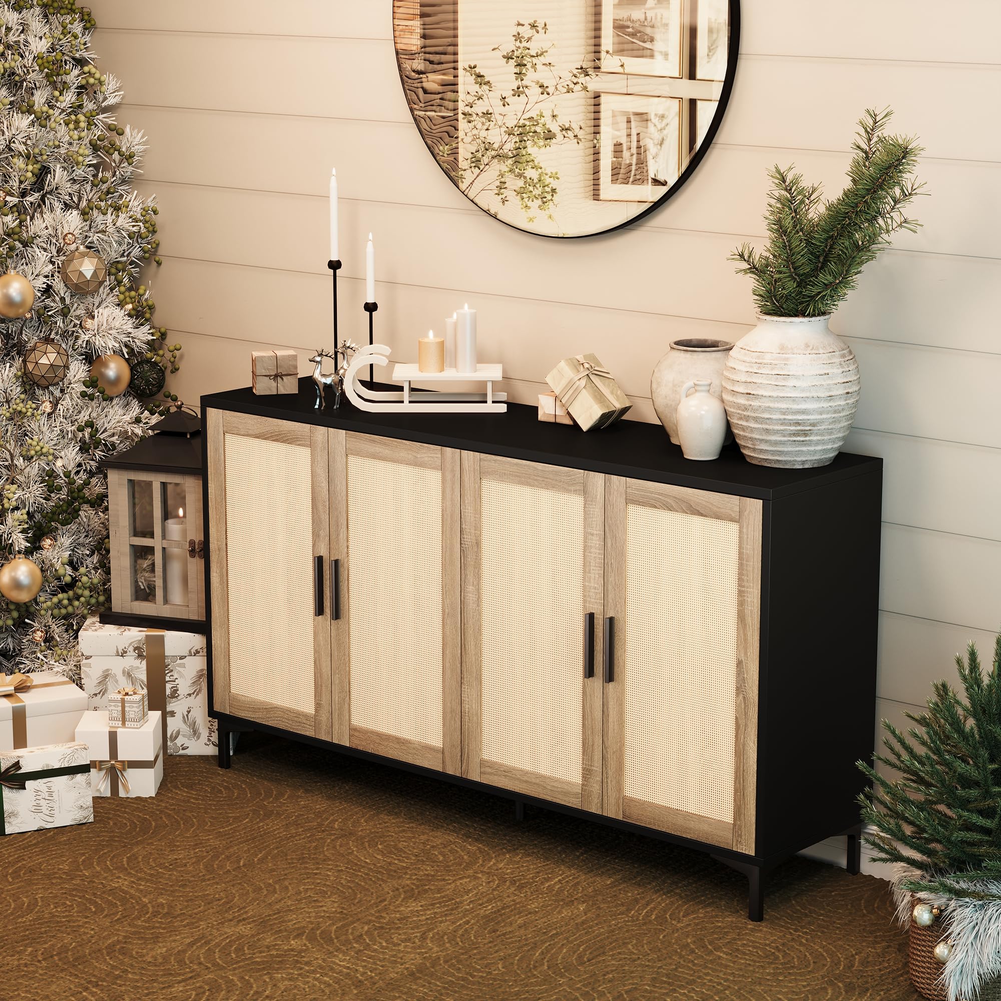 Rattan Sideboard Buffet Cabinet with Storage Doors - Modern Kitchen Coffee Bar Cabinet for Living Room, Entryway, Dining Room | Stylish Home Storage Solution for Dishes, Linens & Entertaining Essentials