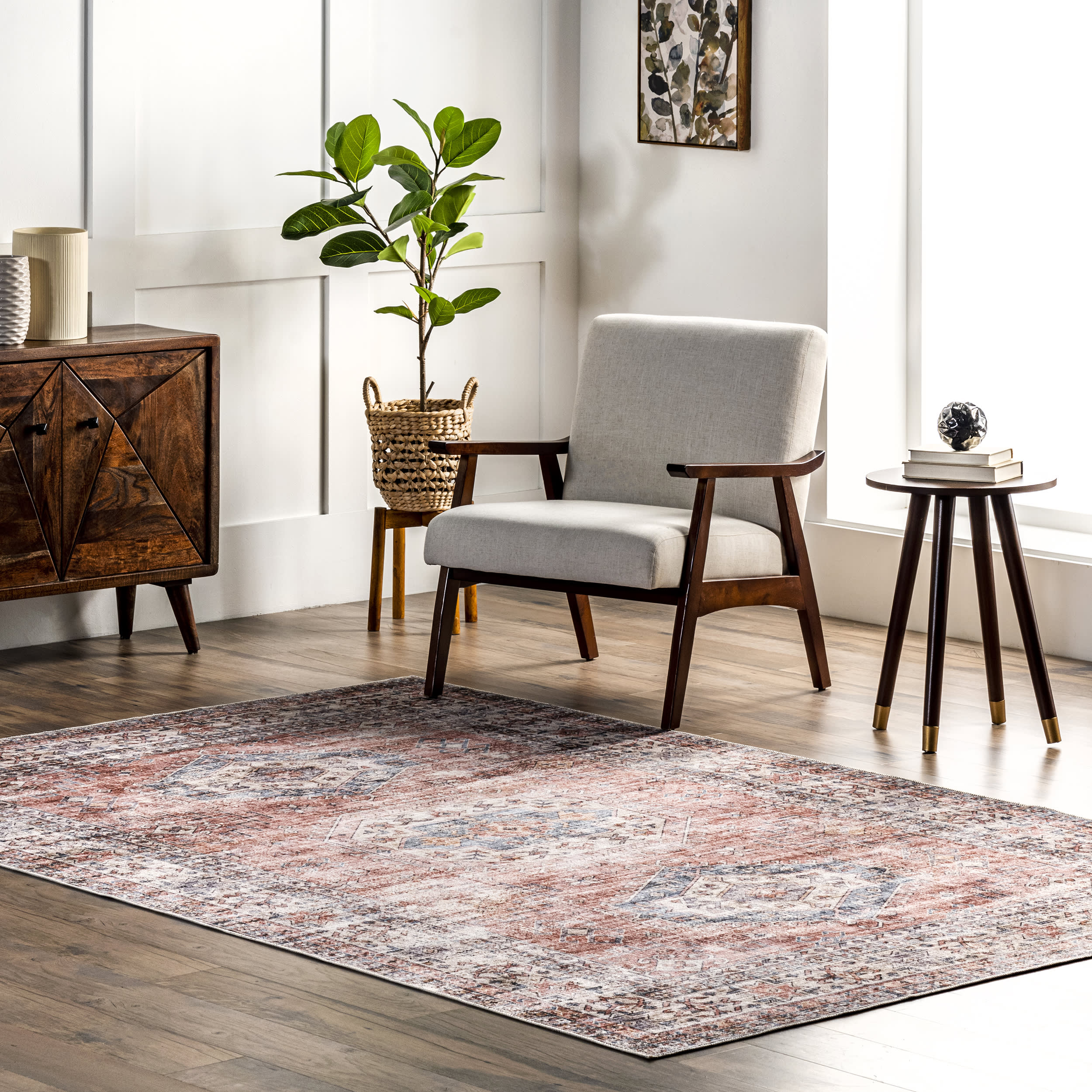 Zia Persian Spill Proof Washable Rug - Non-Slip Indoor Outdoor Area Rug - Brick Red - Perfect for Living Room, Bedroom, Kitchen & High Traffic Areas