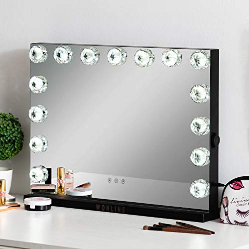 Walnest Hollywood Vanity Mirror with 15 LED Lights - 3 Color Dimmable, Touch Control, Slim Metal Frame (22.8x16.9 Inch) for Dressing Room & Bedroom | Tabletop or Wall-Mounted Black Makeup Mirror | Perfect for Applying Makeup, Skincare & Hair Styling