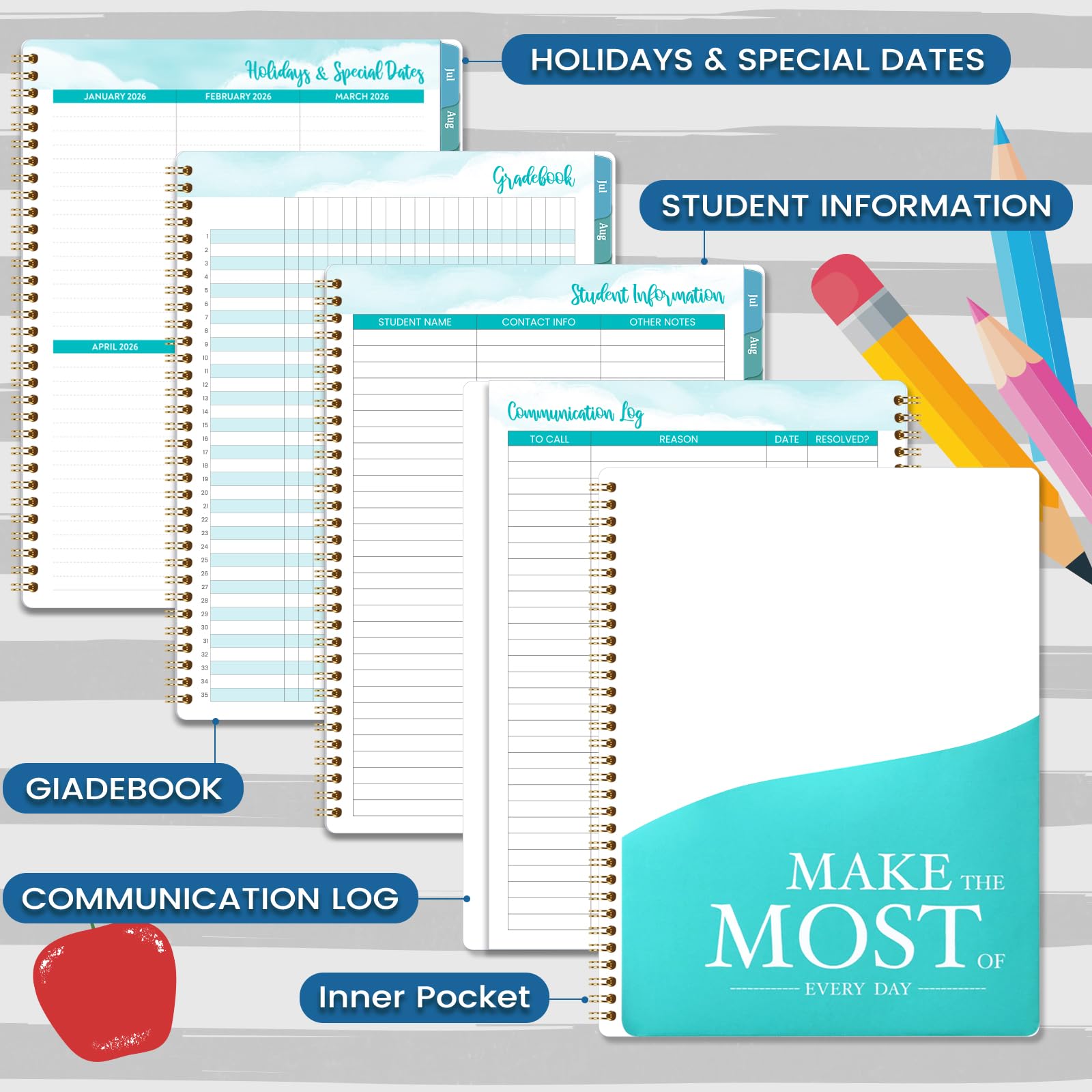 2025-2026 Teacher Planner - Academic Lesson Planner with Spiral Binding & Colorful Monthly Tabs (July 2025-June 2026, 8.5