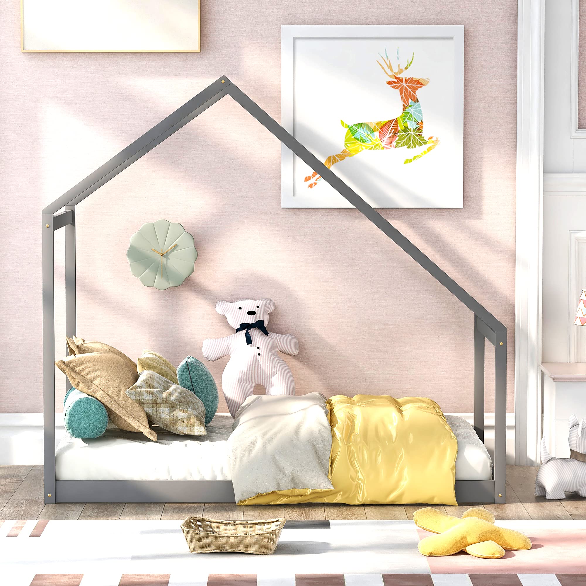 Merax Twin Size Wooden House Bed with Roof - Grey Wooden House Bed Frame for Kids & Teens - Perfect for Bedroom, Playroom, and Themed Decor