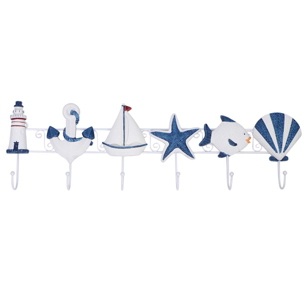 Mediterranean Style Wooden Wall Hooks - 6 Pack Coat & Towel Hangers for Bathroom, Bedroom, Kitchen - Blue Nautical Home Decor for Keys, Hats & Clothes Organization