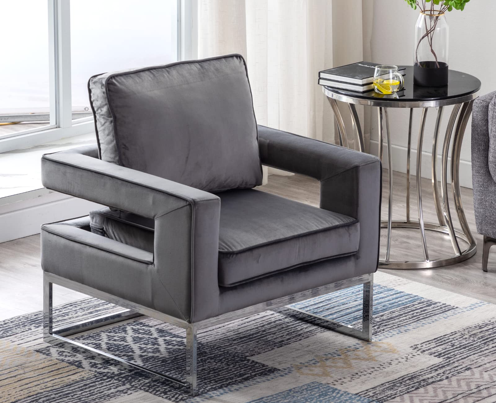 Velvet Modern Accent Chair - Comfy Upholstered Armchair with Open Back & Chrome Base - Barrel Club Chair for Living Room, Bedroom, Office - Grey CIMOO Single Sofa Chair for Relaxing & Home Decor