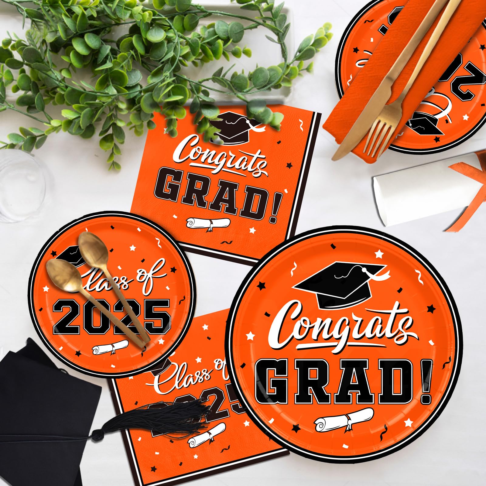 Graduation Party Plates and Napkins Set - 50 Count Orange Disposable Paper Plates & Luncheon Napkins for Grad Party Decorations - Perfect for Congrats Grad Party, College Graduation Celebration & Commencement Ceremony
