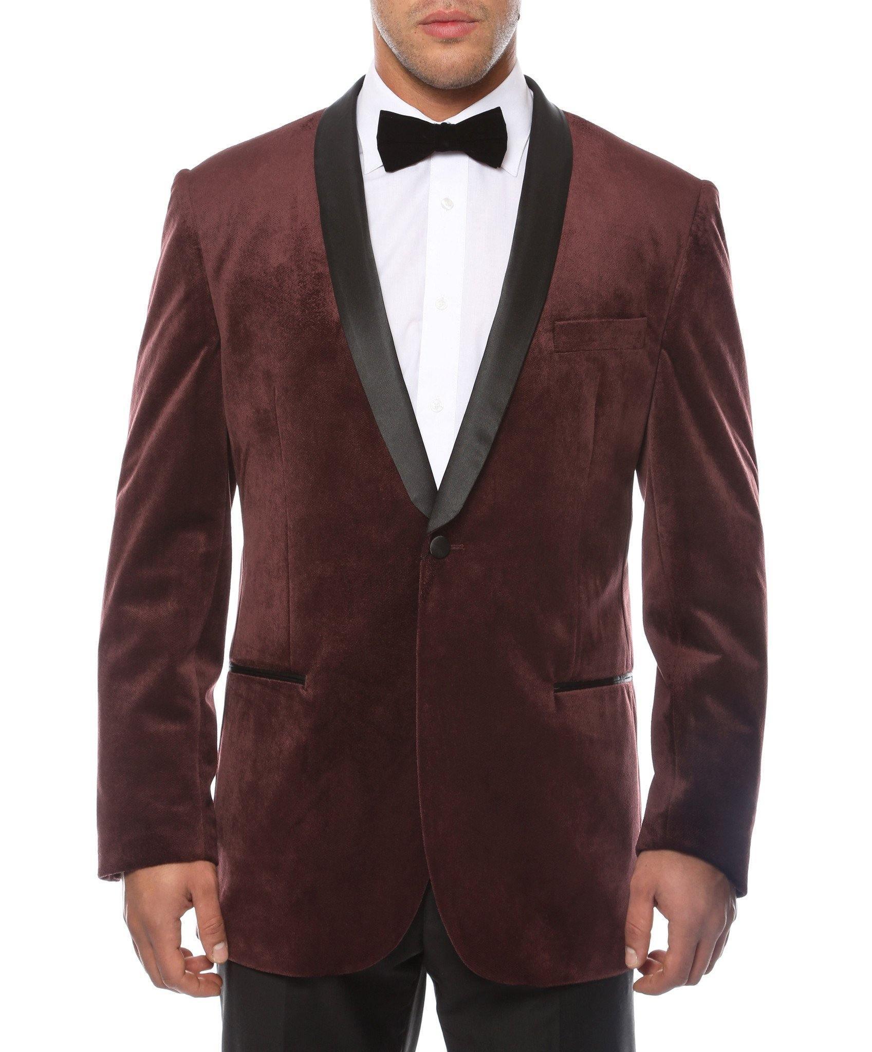 Enzo Collection Dark Burgundy Slim Fit Velvet Shawl Collar Tuxedo Blazer for Men | Formal Evening Wear | Wedding, Prom, Gala & Special Occasions