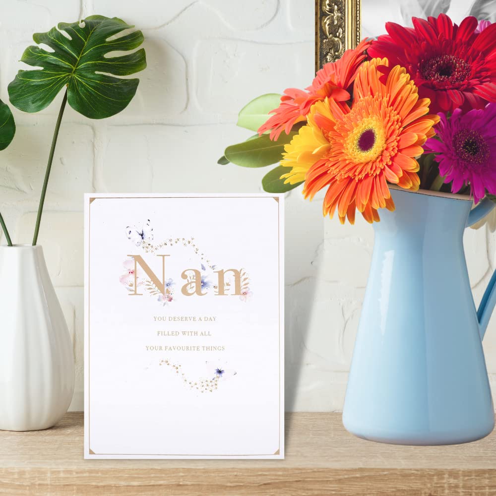 Clintons White Butterflies Nan Birthday Card - 184x133mm, Multi-Color Design (1152809) - Perfect for Grandmother's Birthday, Mother's Day & Special Occasions