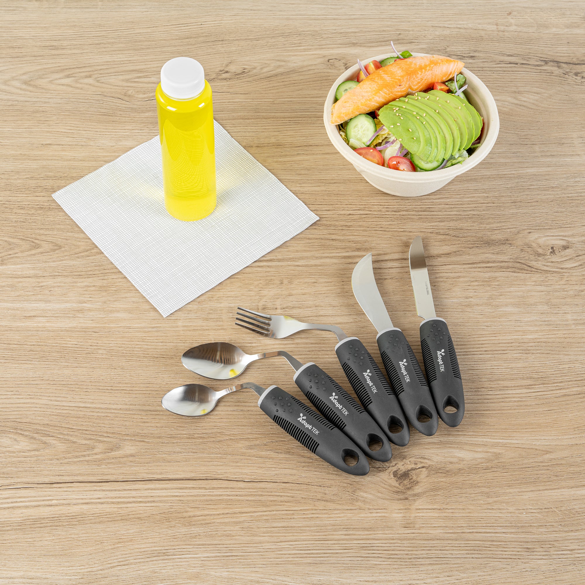 Adapt Tek Black Stainless Steel 5-Piece Adaptive Offset Utensil Set for Right-Handed Users - Lightweight, Non-Slip Grip (1 Count) - Ideal for Arthritis & Limited Mobility in Kitchen