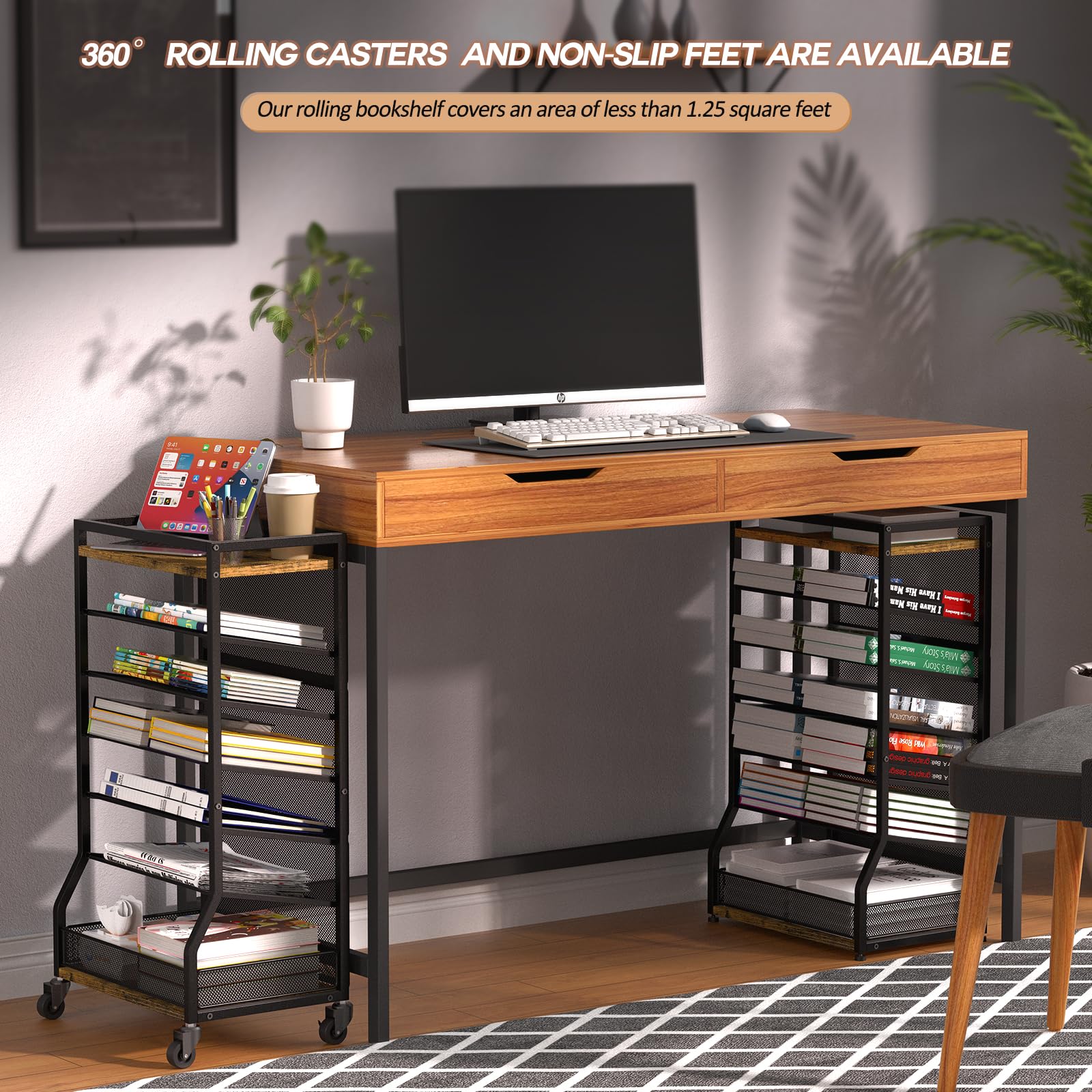 7-Tier Rolling File Cart with Sliding Trays - Wood & Metal File Organizer for Desk - Free-Standing File Holder & Paper Letter Tray Organizer - Mesh Desk Organizer for Home, Office & School (Patent) - Perfect for Document Storage, Office Organization & Classroom Supplies
