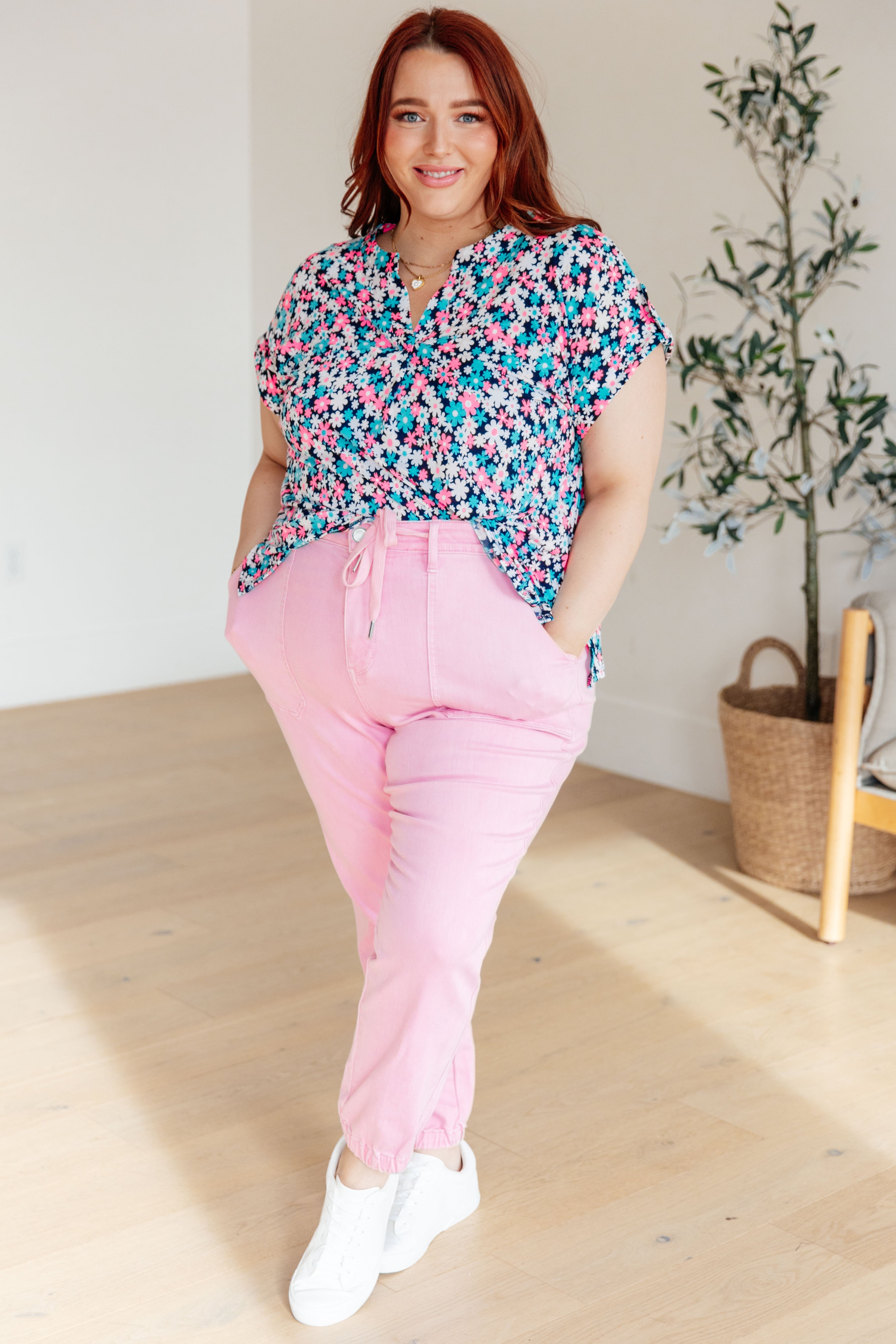 Lizzy Cap Sleeve Top - Navy & Hot Pink Floral Print Women's Blouse for Casual Wear, Date Night & Summer Outfits
