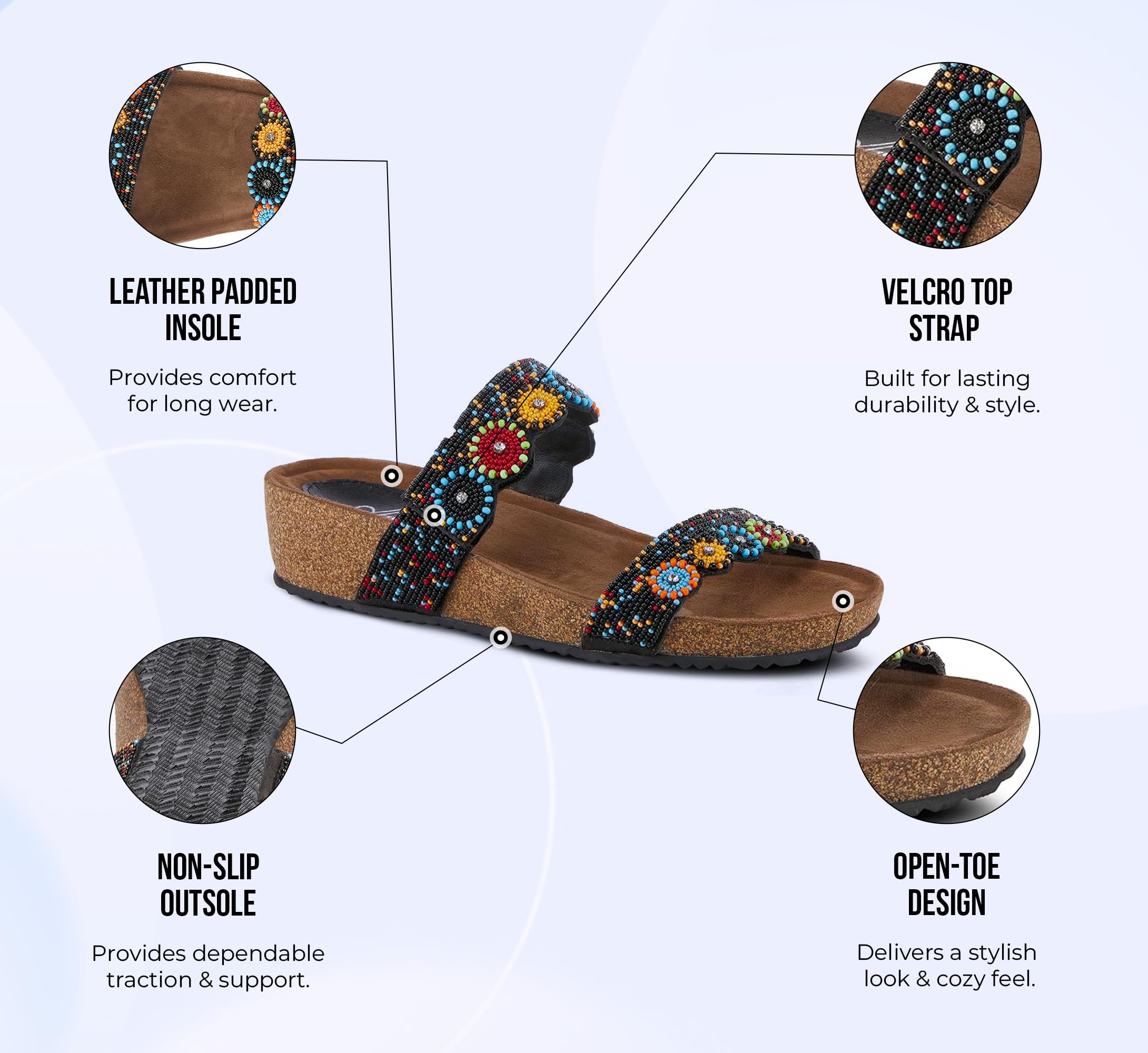 Azura Bahama Slide Sandals for Women - Beaded & Crystal Embellished Cork Wedge Sandals | Beach Vacation, Pool Party, Summer Outfit Accessories