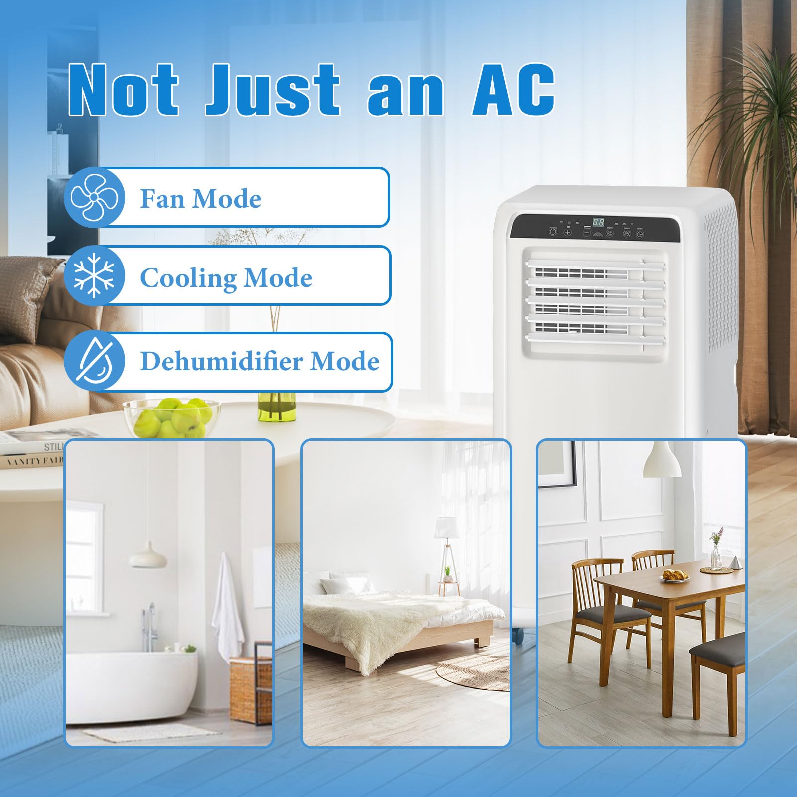10,000 BTU Portable Air Conditioner - 3-in-1 Cooling Unit with Built-in AC, Dehumidifier & Fan | Covers Up to 500 Sq.Ft | Remote Control & 24-Hour Timer | Perfect for Bedrooms, Apartments & Small Offices | Stay Cool All Summer Long