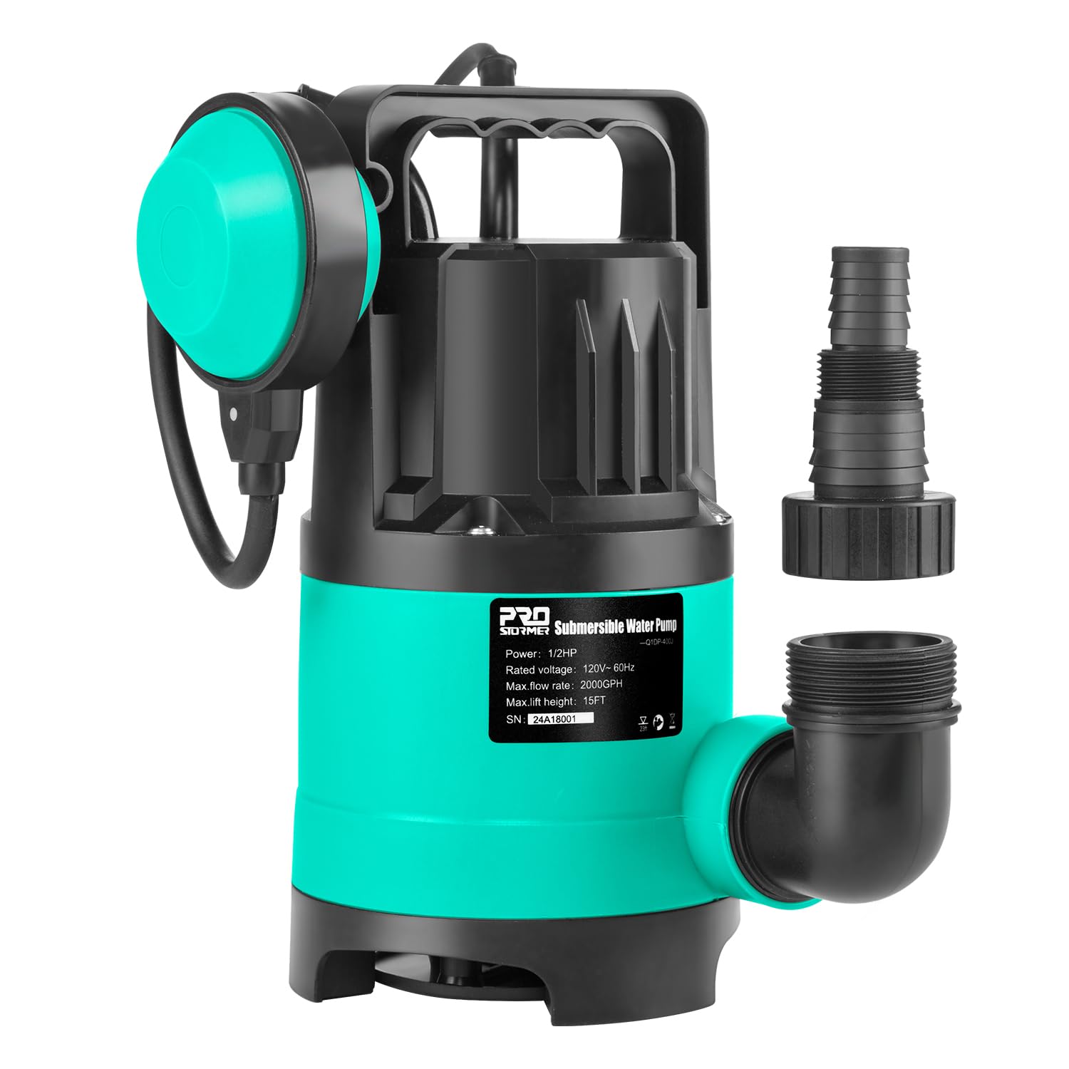 Prostormer 2000GPH 1/2 HP Submersible Sump Pump with Built-in Float Switch - Portable Utility Water Pump with 15ft Cord - Ideal for Swimming Pool, Garden, Bathtub & Pond Draining - Heavy Duty Water Removal for Floods, Basements & Emergency Use