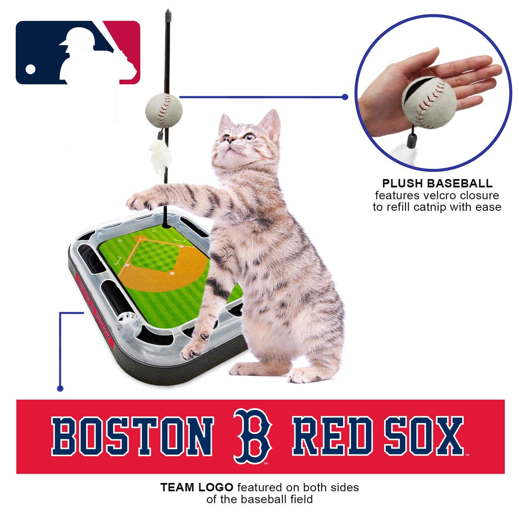 Boston Red Sox MLB Cat Scratching Toy - 5-in-1 Interactive Cat Scratcher with Ball Bell, Catnip Plush Baseball & Feather Wand | Durable Cat Toy for Playtime, Exercise & Stress Relief