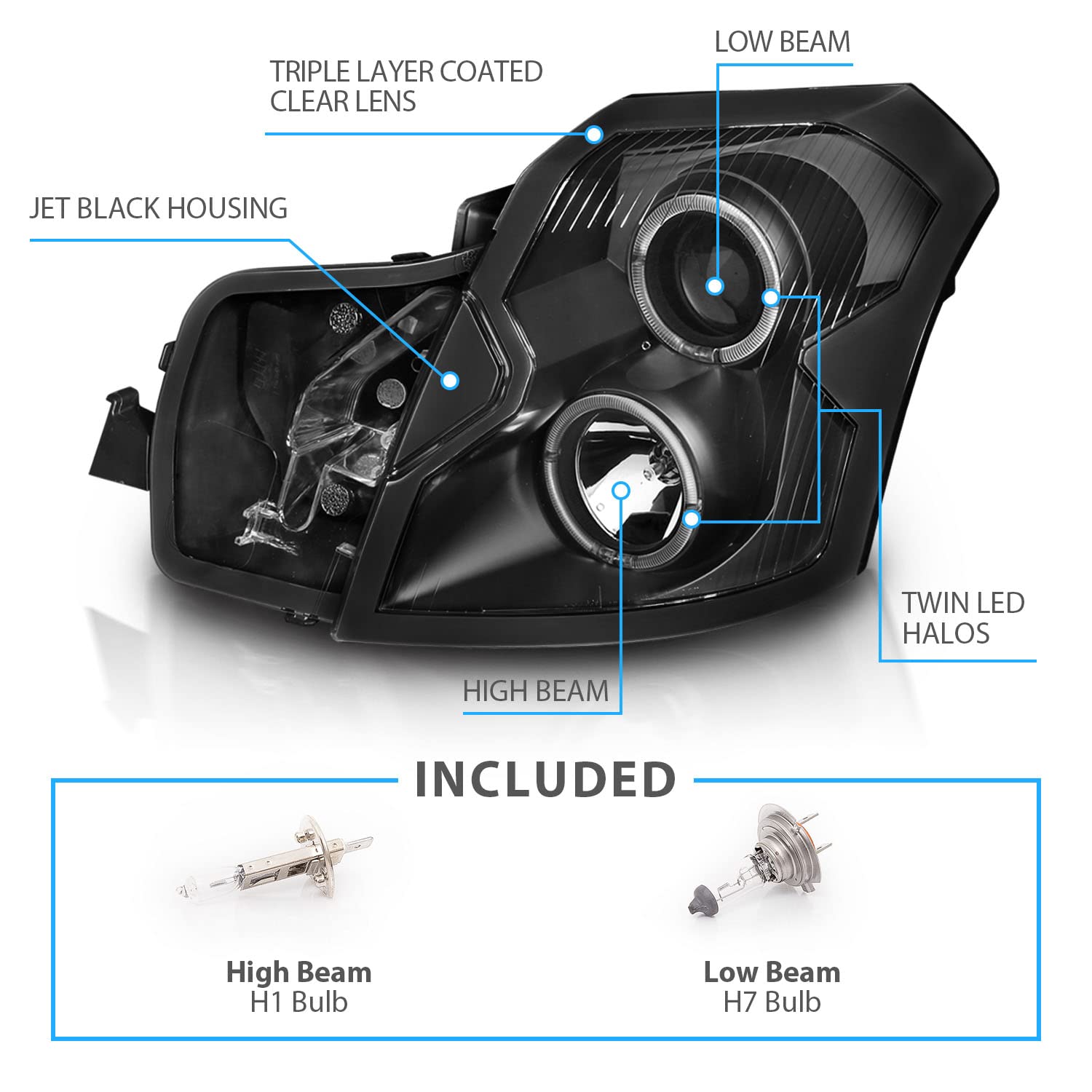 2003-2007 Cadillac CTS LED Halo Black Projector Headlights Pair - Direct Replacement for Factory Headlights | Perfect for Night Driving & Car Customization