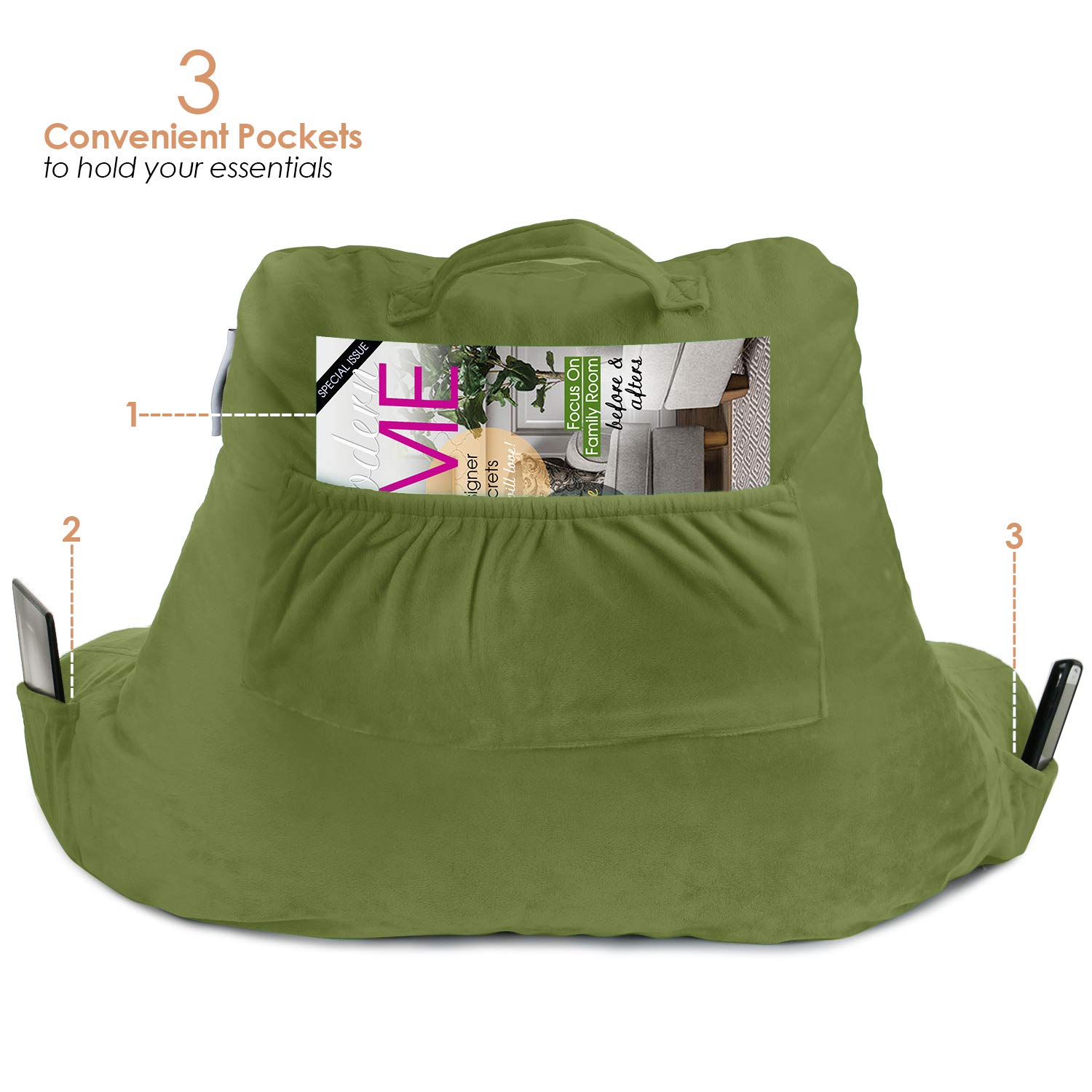 Nestl Reading Pillow with Memory Foam - Standard Bed Pillow for Back Support, Sitting in Bed & Chair - Green Backrest Pillow with Pockets - Perfect for Reading, Watching TV & Relaxing in Bed or Sofa