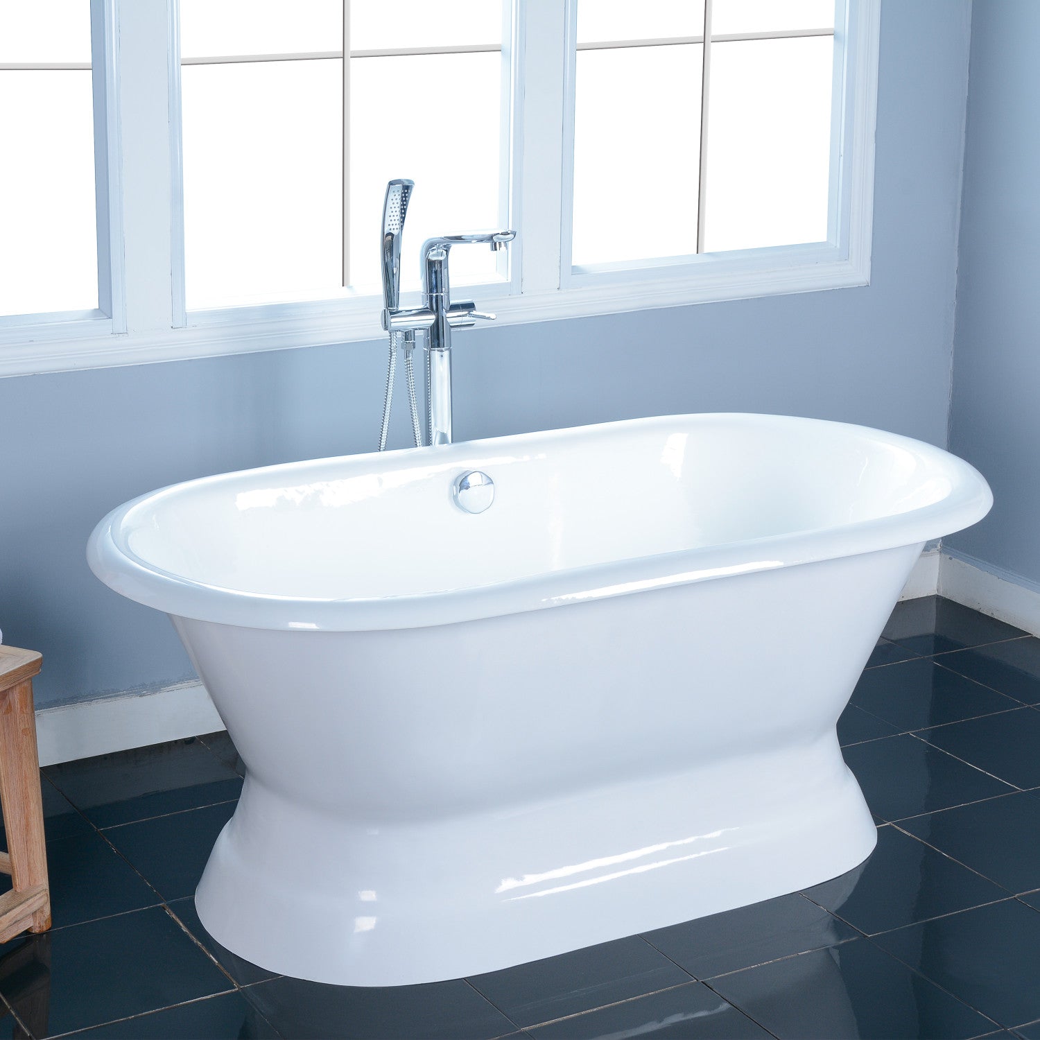Aqua Eden 66 Inch White Cast Iron Oval Double Ended Pedestal Bathtub - No Faucet Drillings | Freestanding Soaking Tub for Luxury Bathroom & Spa Relaxation