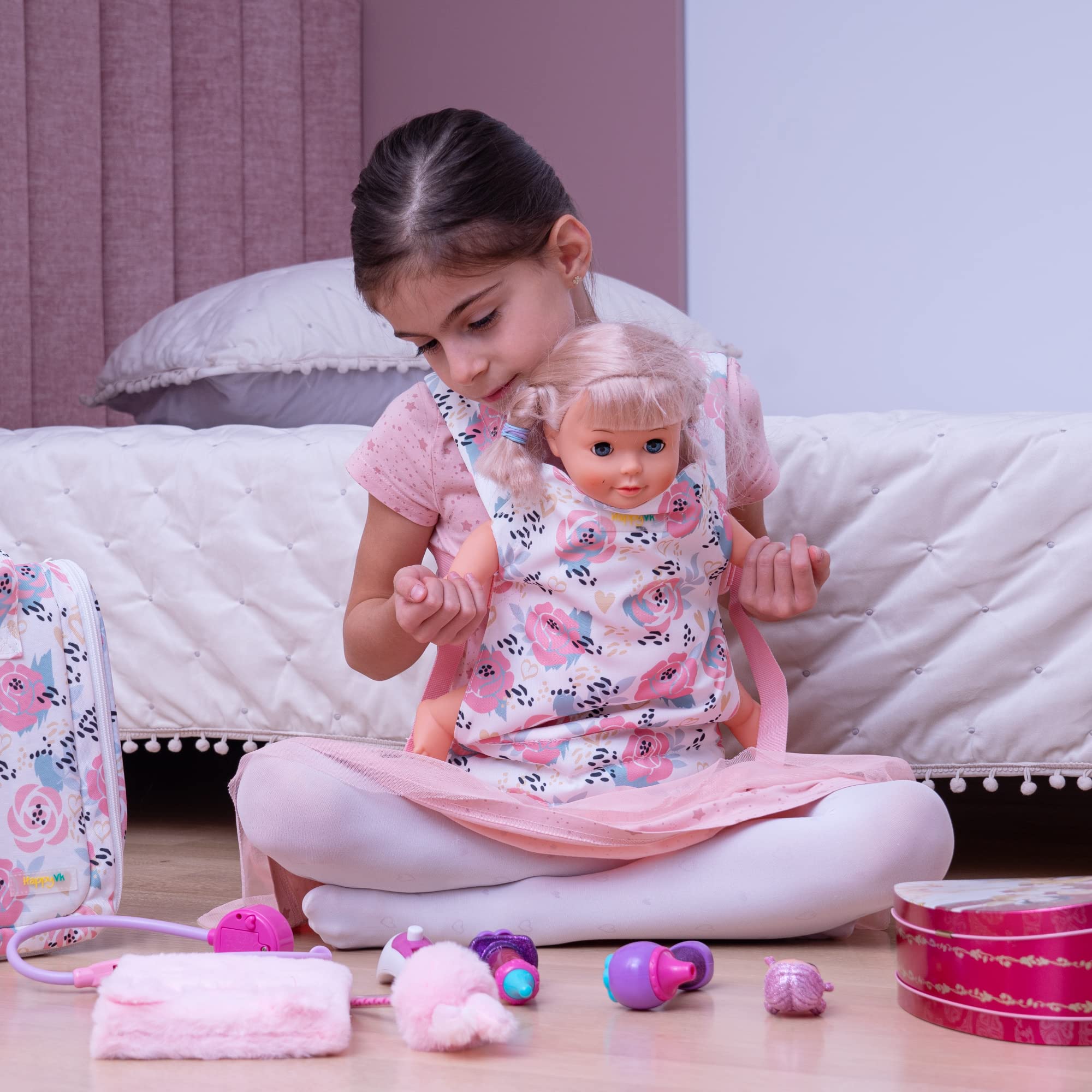 Pink Roses Baby Doll Carrier for Little Girls - Reborn Doll Accessories & Kids Toy for Pretend Play, Role Play, and Parenting Fun