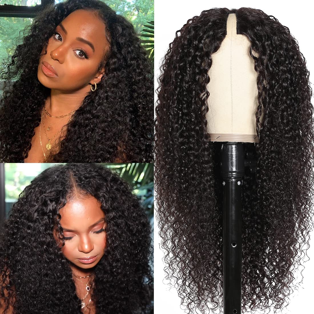 UNICE V Part Curly Human Hair Wig - 180% Density Glueless U Part Wig with Clips | No Lace No Glue No Sew in | Beginner Friendly 18 Inch Wigs for Women | Perfect for Daily Wear, Parties & Special Occasions