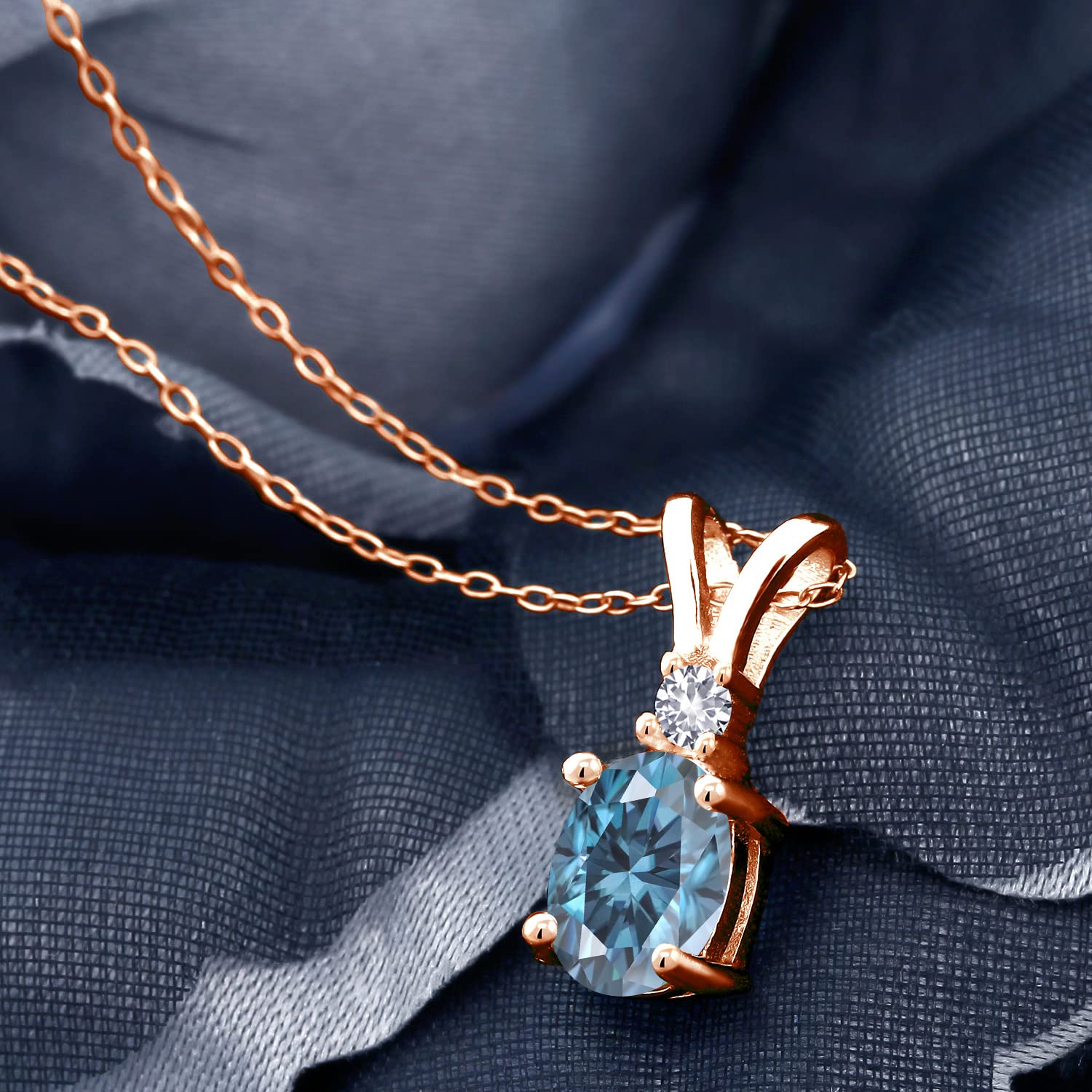 18K Rose Gold Plated Silver Gemstone Birthstone & Created Sapphire Pendant Necklace for Women - 8x6mm Oval Center Stone with 2.5mm Round Accents - Elegant Jewelry Gift for Mom, Wife, Girlfriend - 18