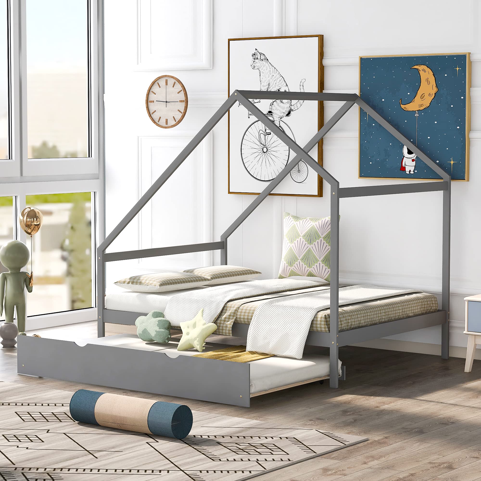 **Full Size Wooden House Bed with Twin Trundle - Solid Wood Platform Bed Frame with Roof for Kids, Teens & Toddlers - Gray - Perfect for Nursery, Playroom & Kids' Bedroom Decor**