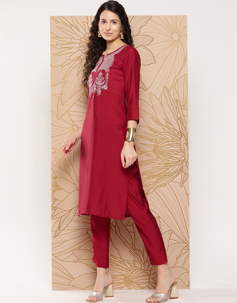 Cornell Red Silk Blend Straight Pants for Women - Elegant & Comfortable Formal Trousers for Office, Business & Special Occasions