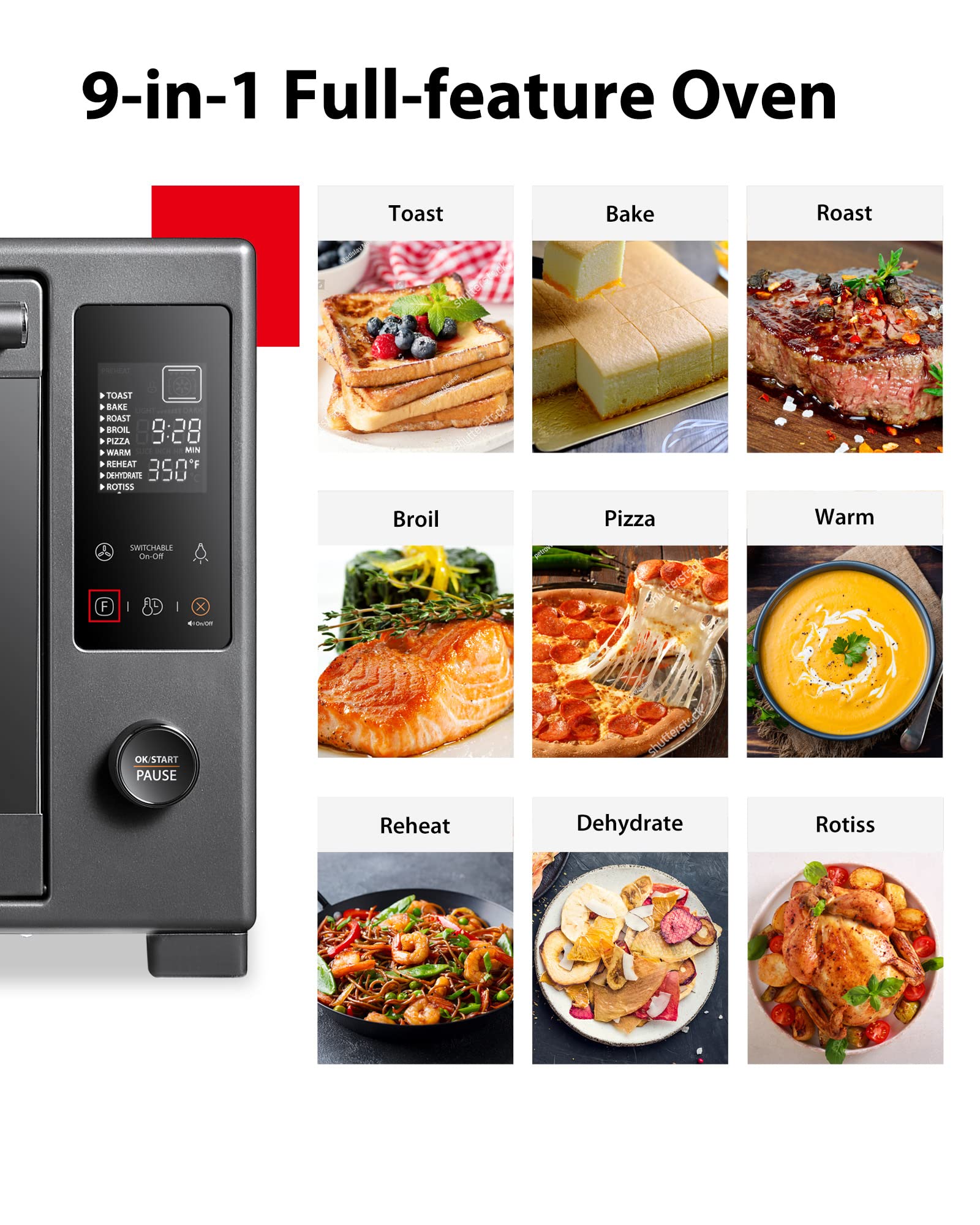 TOSHIBA 34QT/32L Large Convection Toaster Oven - 9-in-1 Countertop Oven with Rotisserie, Dehydrator & Crispy Roast Function | 1650W Black Stainless Steel Toaster Oven | Perfect for Baking, Roasting, Broiling & Meal Prep in Small Kitchens