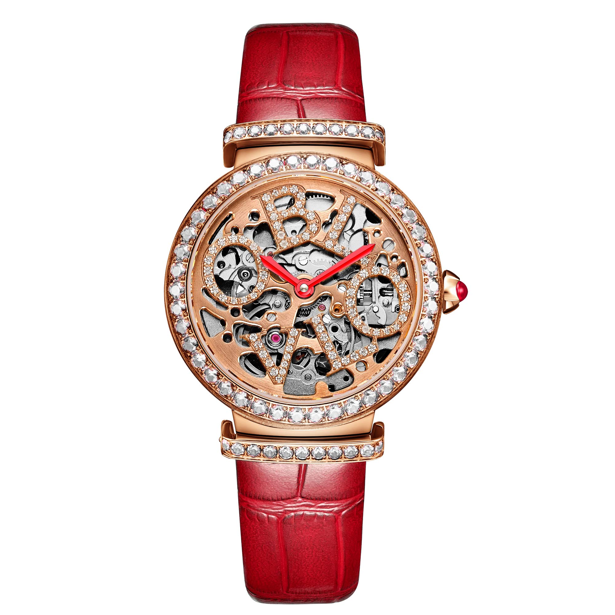 Luxury Women's Rose Gold Automatic Watch with Skeleton Dial - Genuine Leather Strap - Elegant Dress Watch for Business, Party & Special Occasions