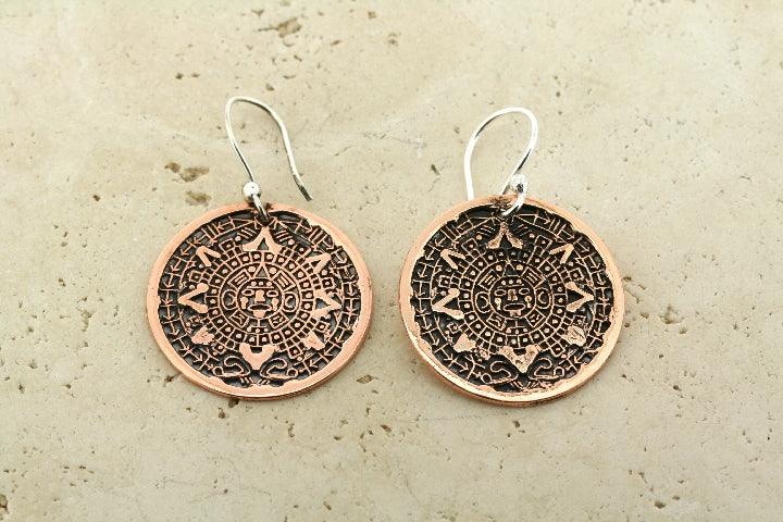 Handmade Mayan Calendar Earrings in Copper - Perfect for Boho, Ethnic & Festival Jewelry Styles