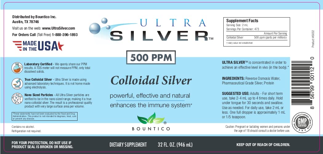 Ultra Silver® Colloidal Silver Mineral Supplement | 500 PPM, 32 Oz (946mL) | True Colloidal Silver with 4 oz Dropper Bottle | Immune Support, Natural Wellness | Perfect for Home Use and Travel