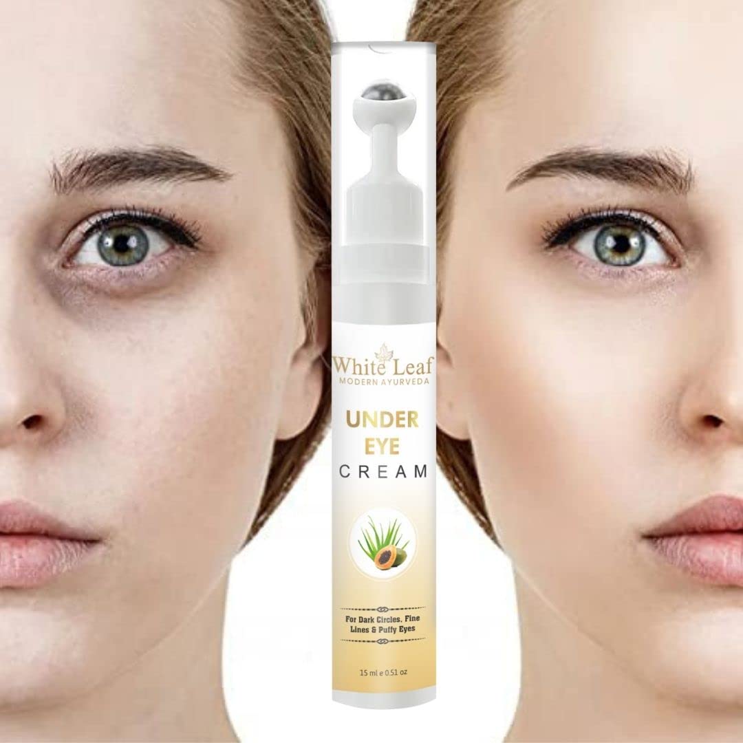 White Leaf Natural Sun Under Eye Cream 15ML with Metallic Roller Ball | Dark Circle & Puffiness Reducer | All Skin Types | Perfect for Morning Routine & Travel Skincare