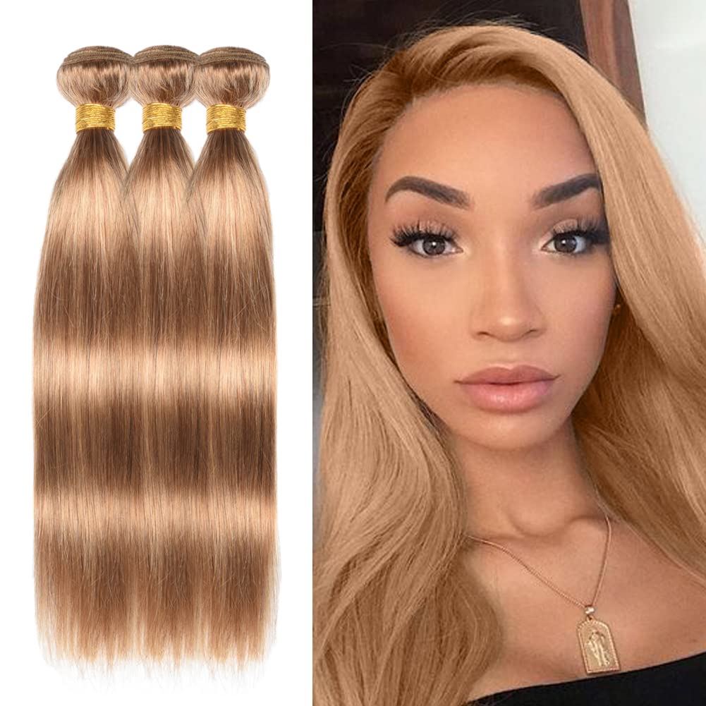 WOME 100% Unprocessed Virgin Peruvian Straight Hair Extensions - 3 Bundles Soft & Shiny Human Hair Wefts (12/14/16 Inch, Honey Blonde 27#) for Daily Styling & Special Occasions