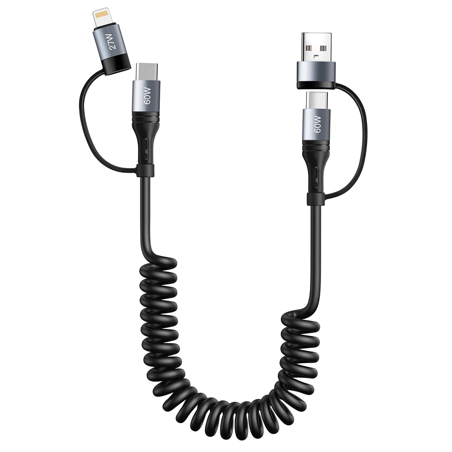 Miger 4-in-1 Retractable Coiled Lightning Cable 60W Fast Charging Cord (4FT) - Compatible with iPhone 15/14/13/12/11 Pro Max/XS MAX/XR/XS/X/8/7/6 Plus, iPad, AirPods, MacBook & CarPlay - Perfect for Home, Office & Car Charging