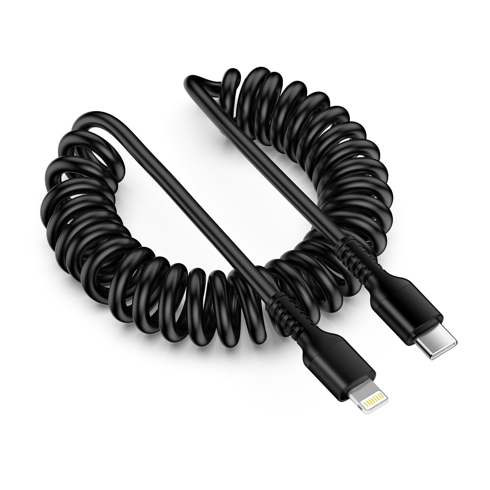 MFi Certified Coiled USB C to Lightning Cable - 3ft Short Retractable iPhone Car Charger for Apple CarPlay, Fast Charging & Data Sync Compatible with iPhone 14/13/12/11, iPad & iPod (Perfect for Cars, Travel & Home Use)