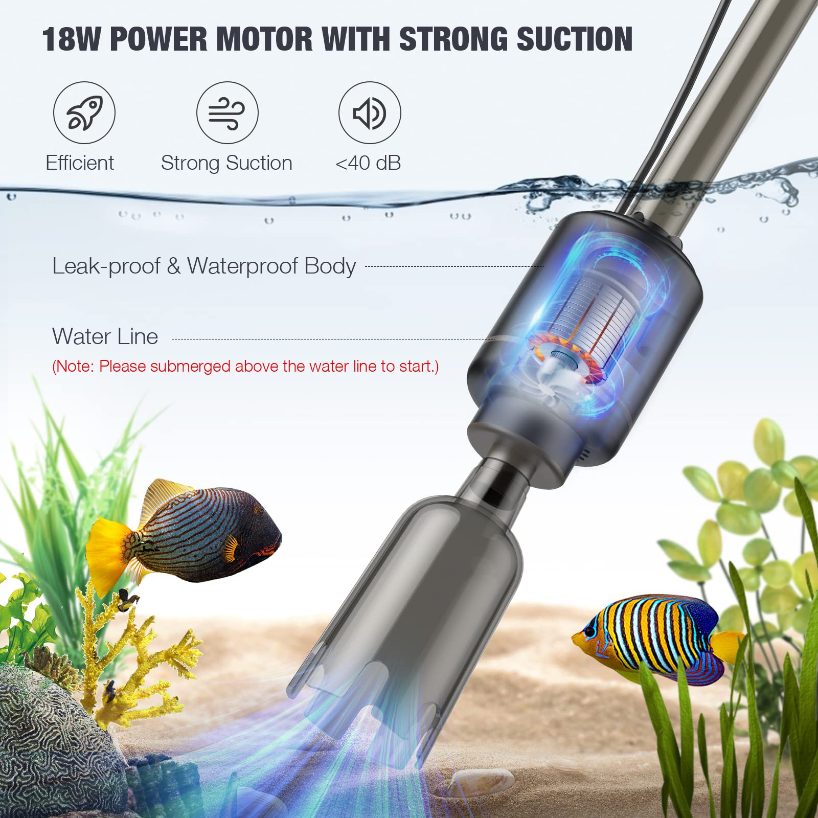 **AKKEE 6-in-1 Aquarium Gravel Cleaner – 18W Powerful Fish Tank Vacuum, Water Changer, Sand Washer & Filter Pump – IP68 Waterproof (Black) – Ideal for Freshwater & Saltwater Tank Maintenance**