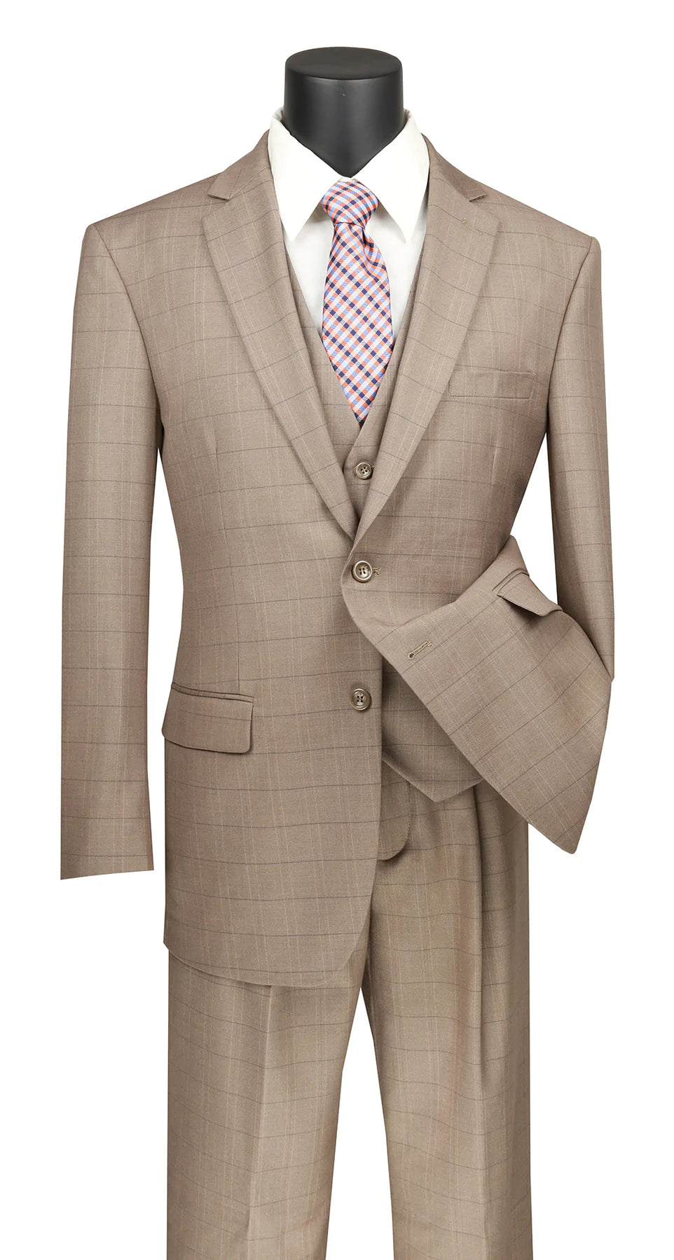 Pommy Collection Men's Glen Plaid 2-Piece Dress Suit Set - Regular Fit Tan Business Formal Attire for Weddings, Office & Special Occasions