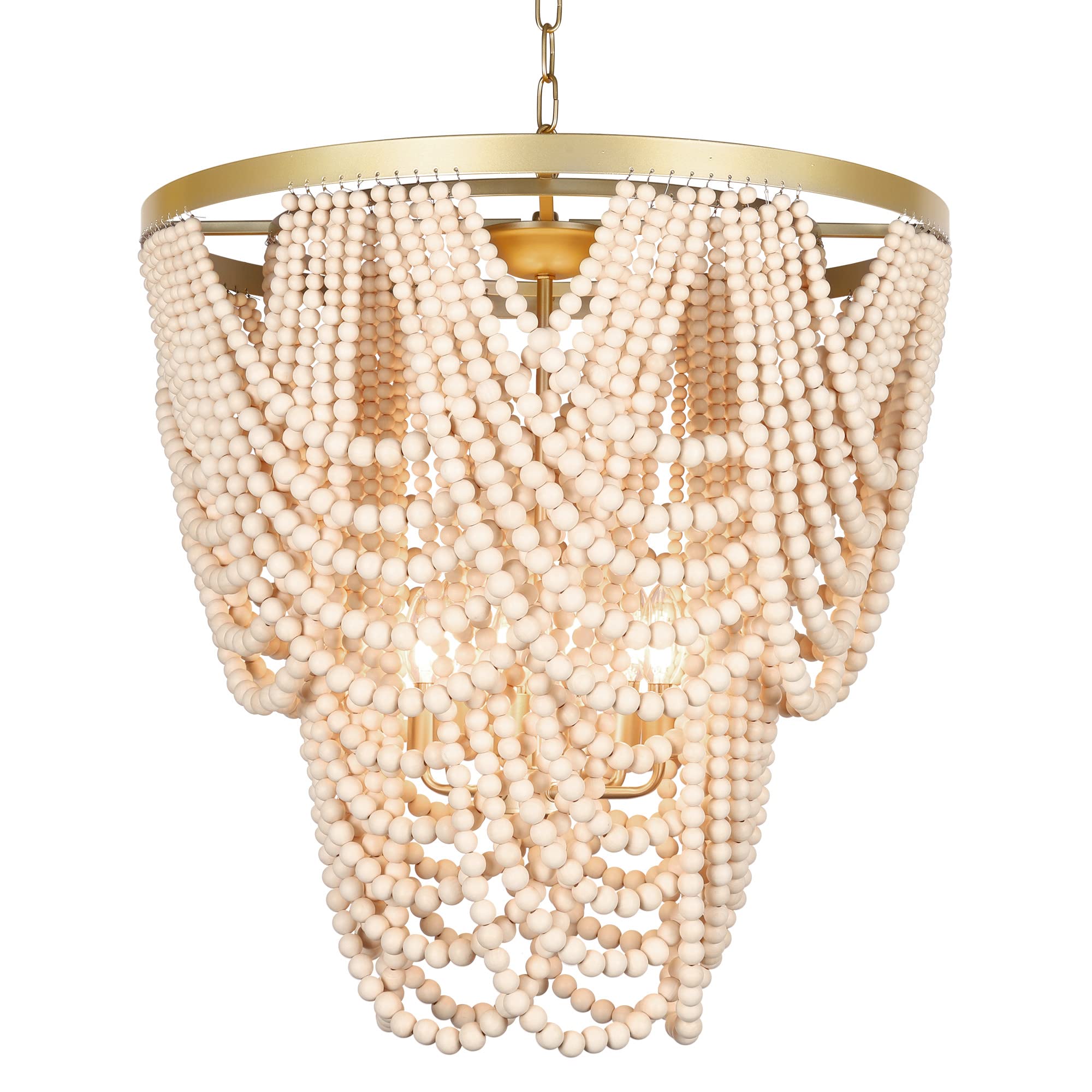 6-Light Bohemian Wood Beaded Chandelier - Gold & Oak Finish Modern Farmhouse Pendant Light for Dining Room, Bedroom, Entryway | Coastal & Rustic Home Decor Lighting Fixture