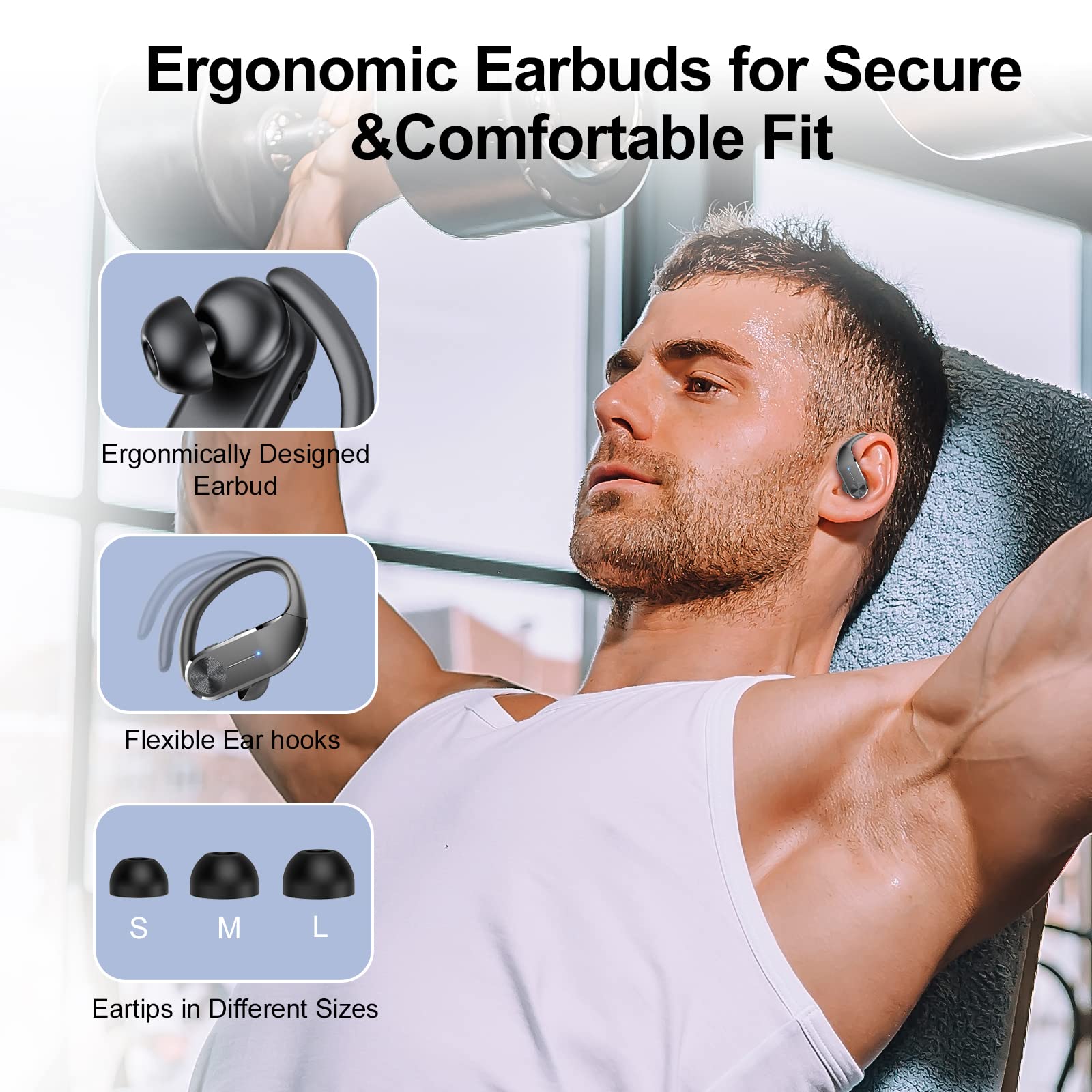 Wireless Bluetooth 5.3 Earbuds with 48H Playtime, LED Display & IPX7 Waterproof - Over Ear Sports Earphones with Built-in Mic for Running, Gym, Workout | Perfect for Fitness, Commuting & Outdoor Activities
