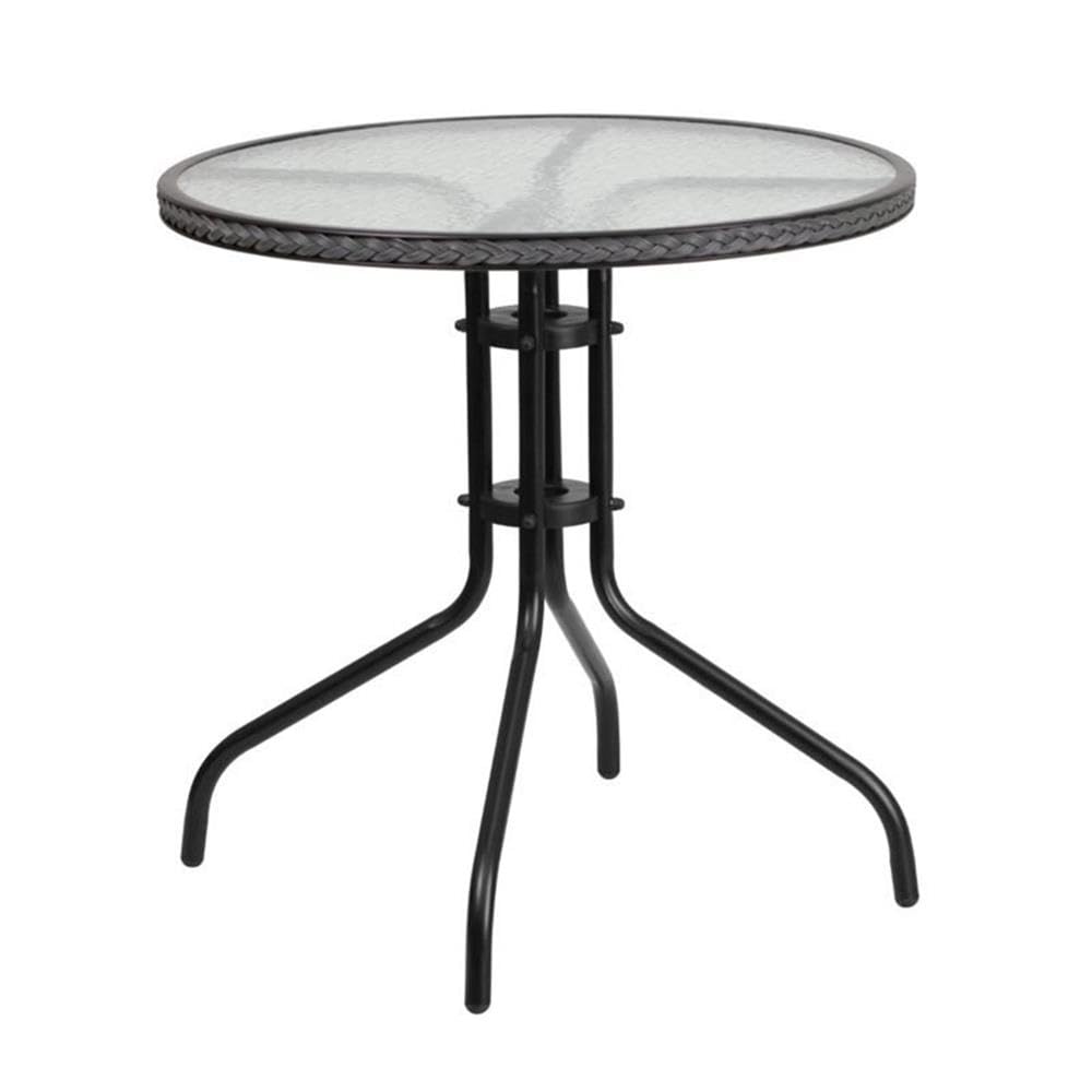 BOWERY HILL 29 Inch Round Glass Top Outdoor Patio Dining Table - Black Gray Finish - Perfect for Backyard, Garden, Poolside & Balcony Dining