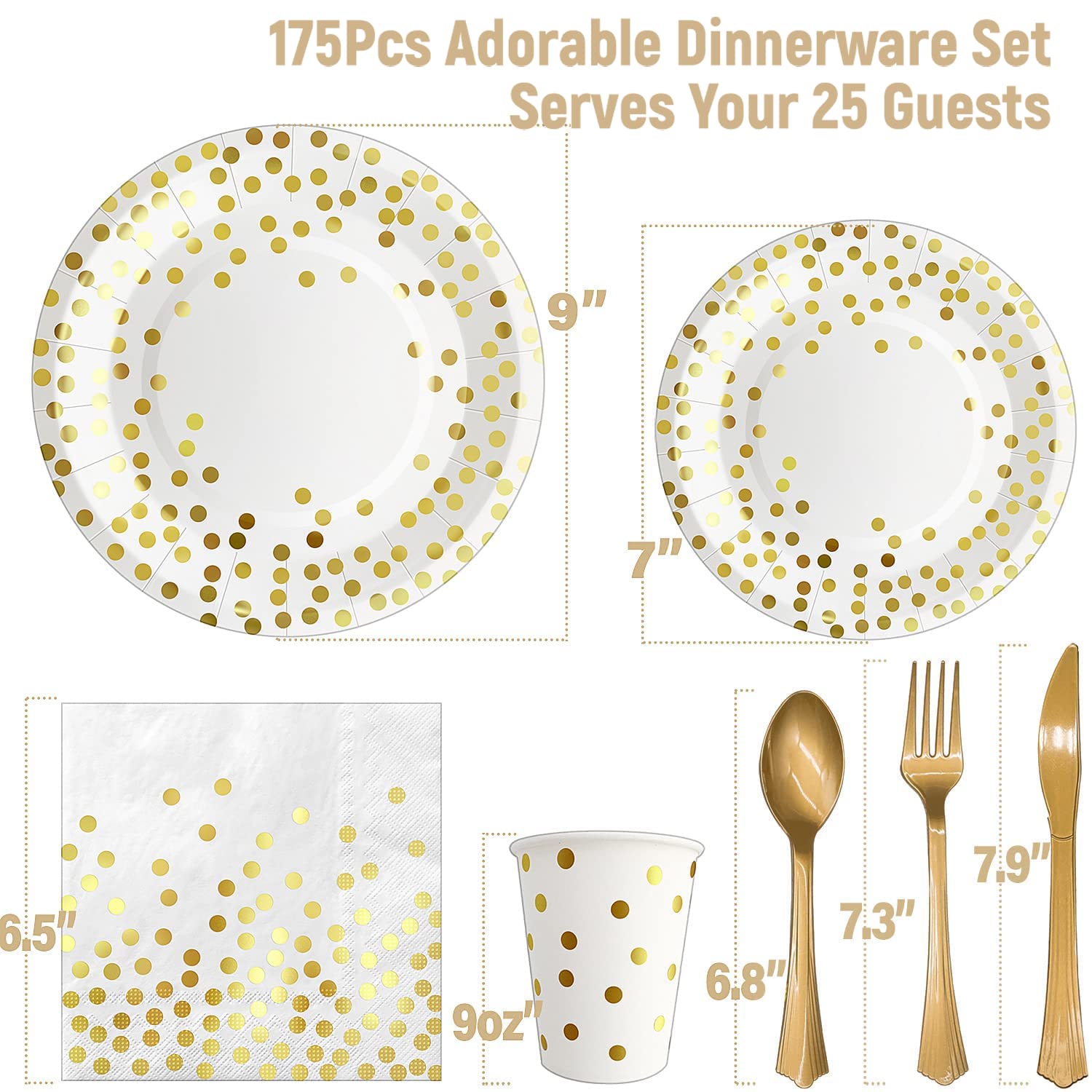 175PCS White and Gold Party Supplies Set - Disposable Dinnerware for 25 Guests with Gold Plastic Cutlery, Golden Dot Paper Plates, White Napkins & Cups - Perfect for Graduation, Birthday, Wedding Celebrations (Elegant Table Setting for Special Occasions)