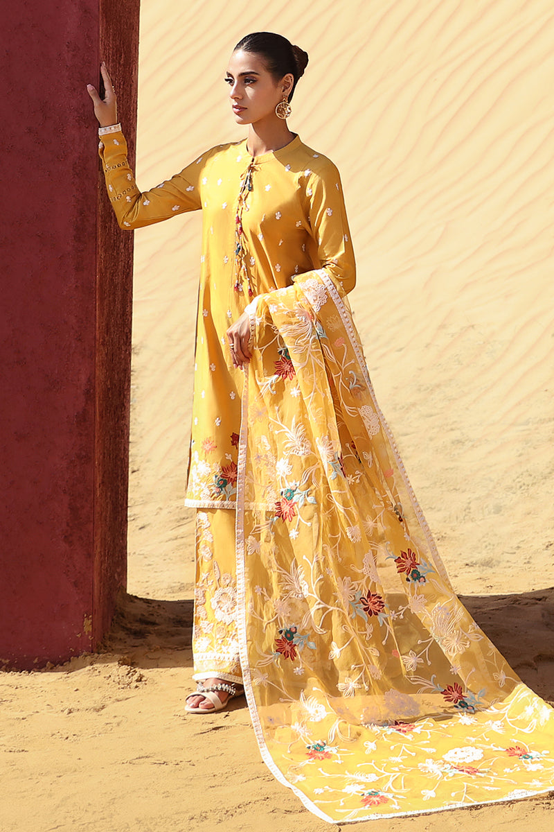 MAIZE OCHRE 3-Piece Embroidered Lawn Suit for Women | Lightweight Summer Outfit | Perfect for Weddings, Parties & Casual Wear
