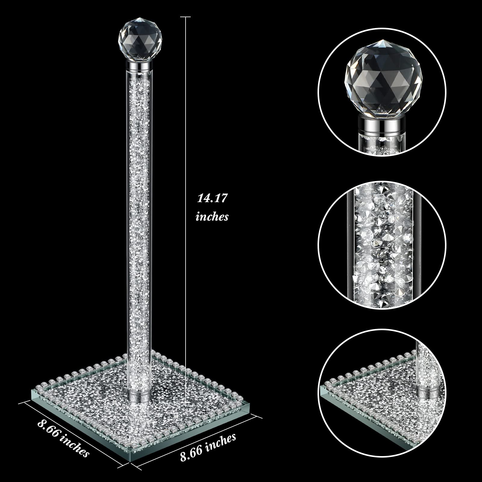 Sparkly Crystal Paper Towel Holder with Diamond Decor - 13 Inch Square Base Standing Towel Roll Stand for Kitchen, Bathroom & Dining Room - Perfect for Home, Office & Restaurant Use