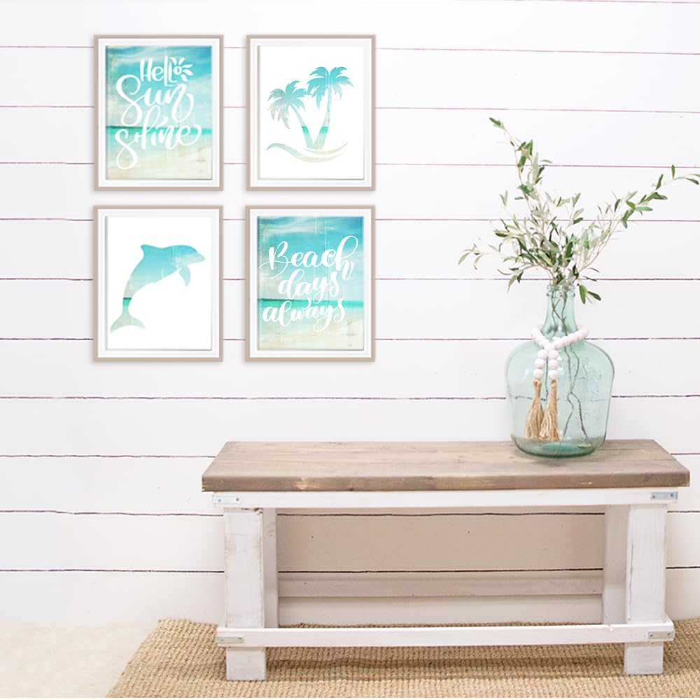 Beach Set Art Prints (Set of 4) - 11x14 Inches Unframed Wall Decor - Coastal Themed Paintings for Home & Office - Perfect for Living Room, Bedroom, Bathroom & Beach House Decor - Bring Ocean Vibes to Your Space